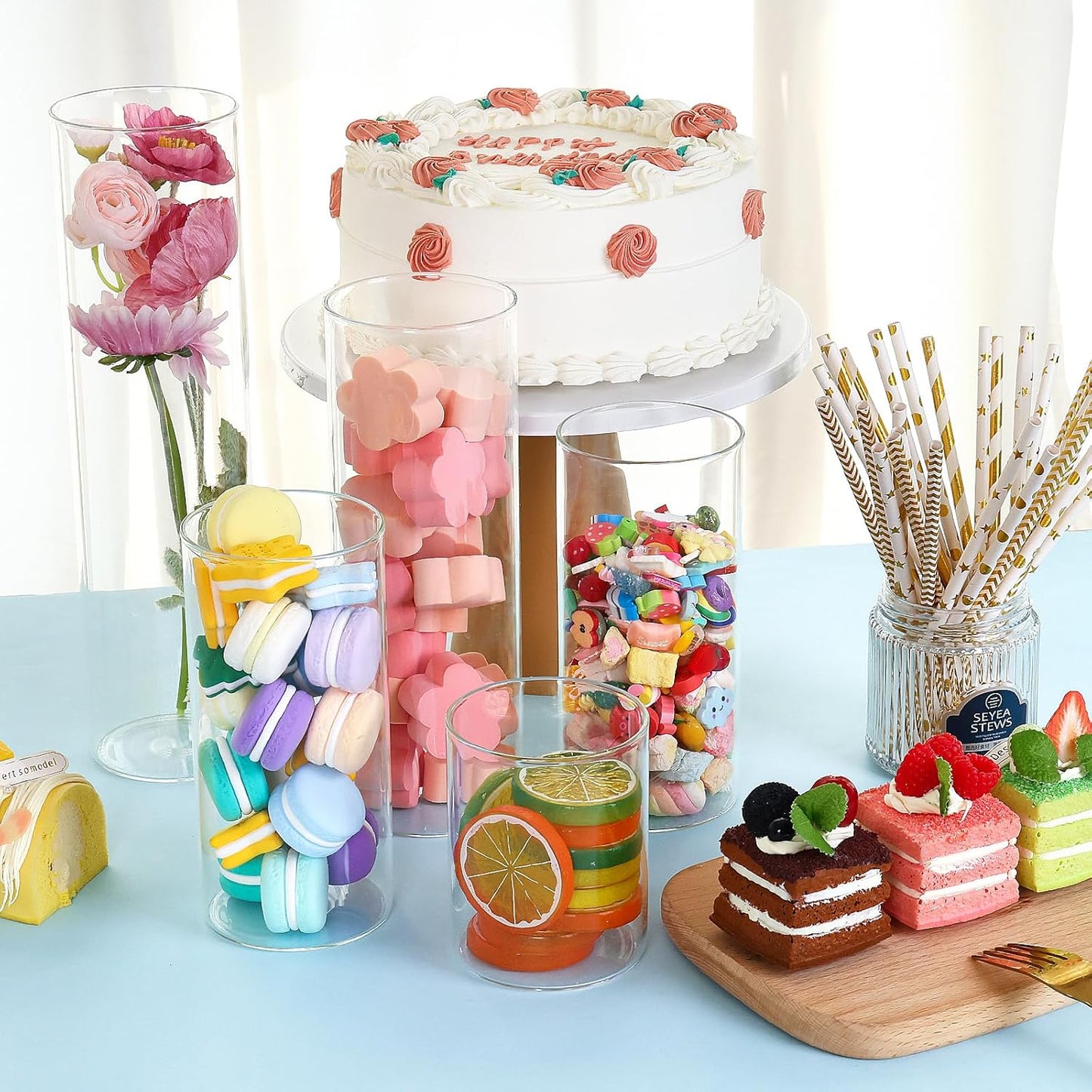 CEWOR 12pcs Glass Cylinder Vase 4, 6.8, 9, 11.8 Inch Glass Candle Holder Clear Vases for Centerpieces Tall Flower Vase for Wedding Home Decor Party 4 Different Sizes