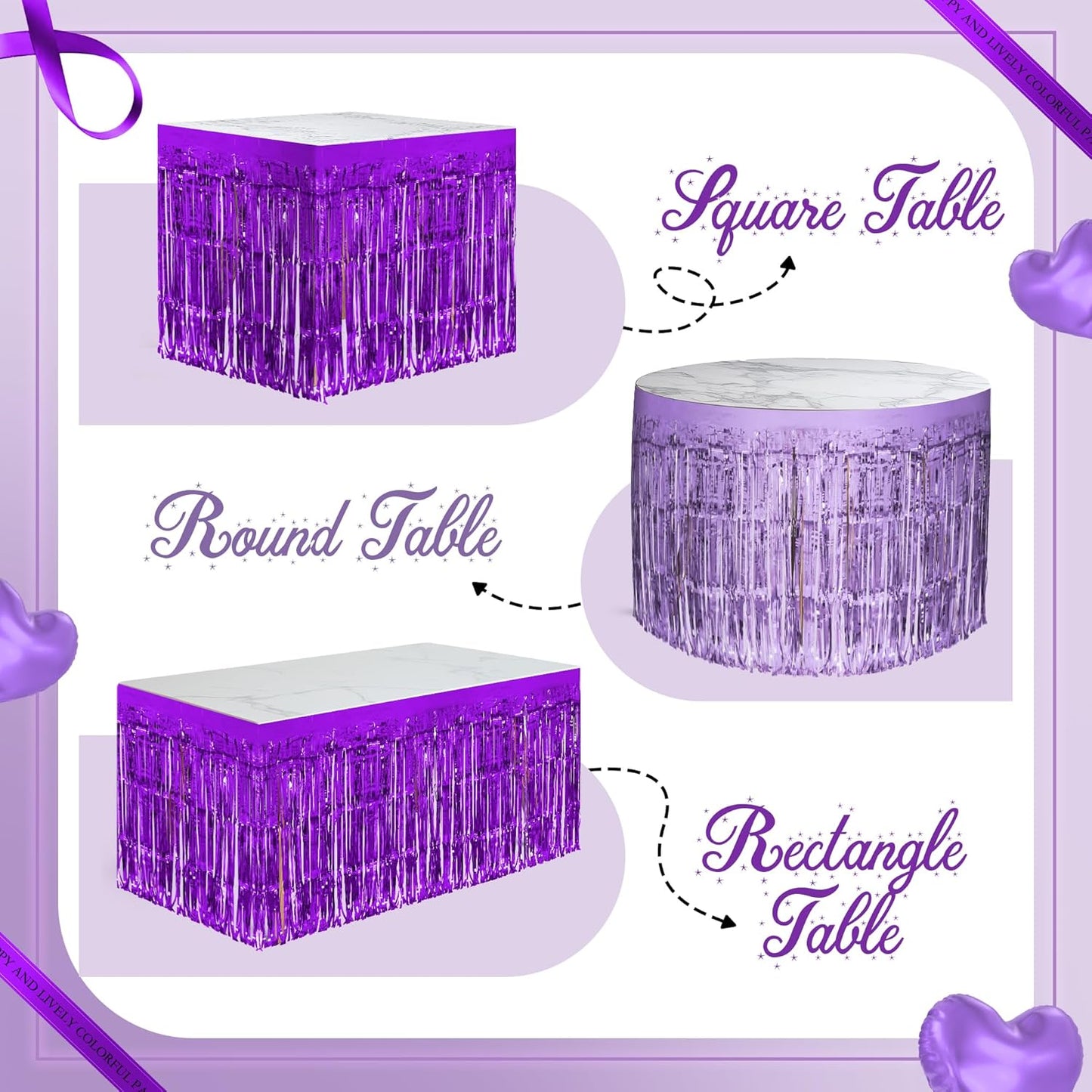 2 Pack Light Purple Dark Purple Table Skirts, 29x108" Metallic Foil Tinsel Fringe Table Skirt for Rectangle Tables Streamer Curtains Backdrop, Party Decorations for Birthdays, Weddings, Holidays