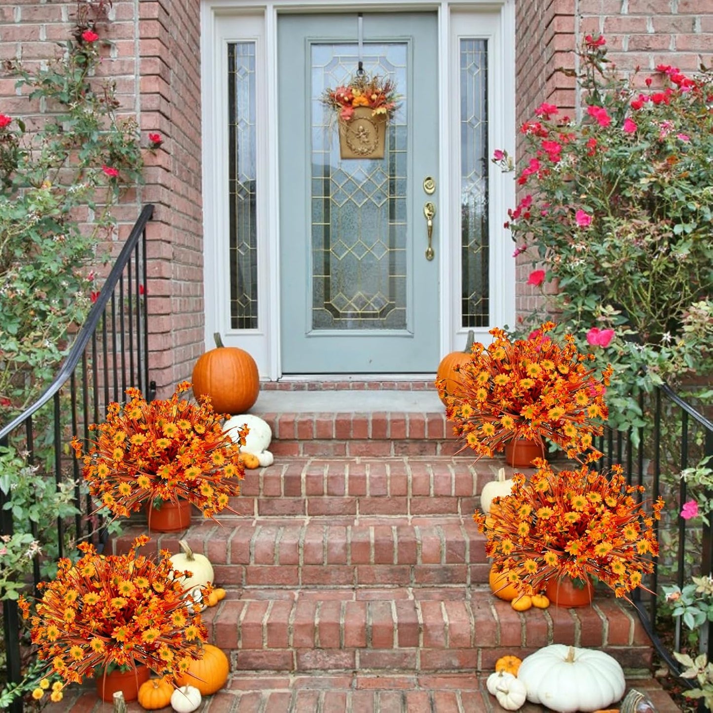 Fake Mums Fall Flowers Artificial for Decoration, 12 Bundles Faux Plants Silk Orange Flowers Realistic UV Resistant for Outdoors Planter Porch Garden Balcony Patio Window Box