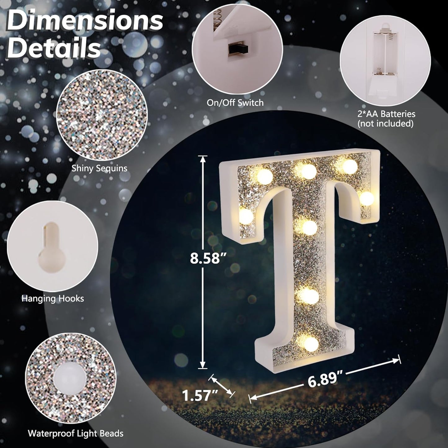 Marquee Light Up Letters, Glitter Silver LED Letter Lights Battery Powered Alphabet Letter Sign for Night Light Wedding Birthday Party Cafe Bar Decoration Girls Room Decor - T