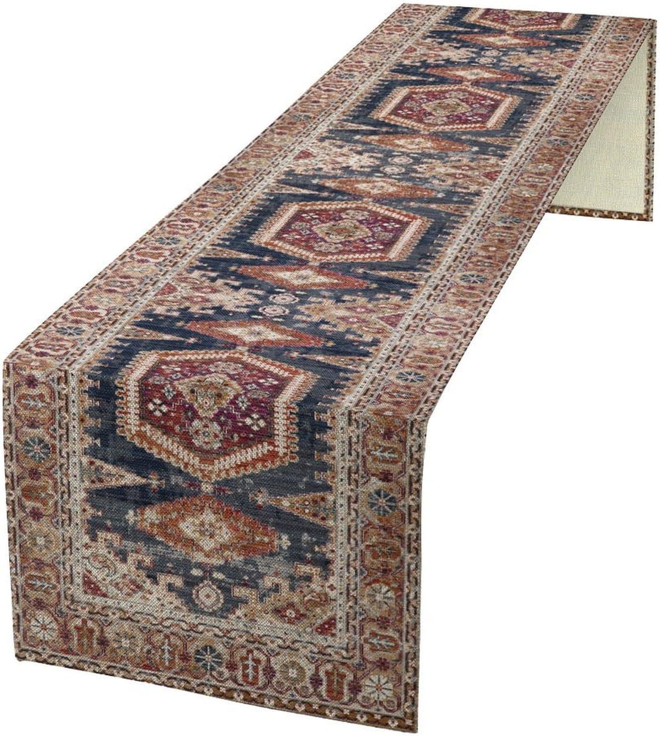 Vintage Boho Table Runner,Flower Geometric Design Rustic Farmhouse Table Runner for Home Farmhouse Kitchen Table Dining Coffee Room Garden Party Wedding Decor 13x90in