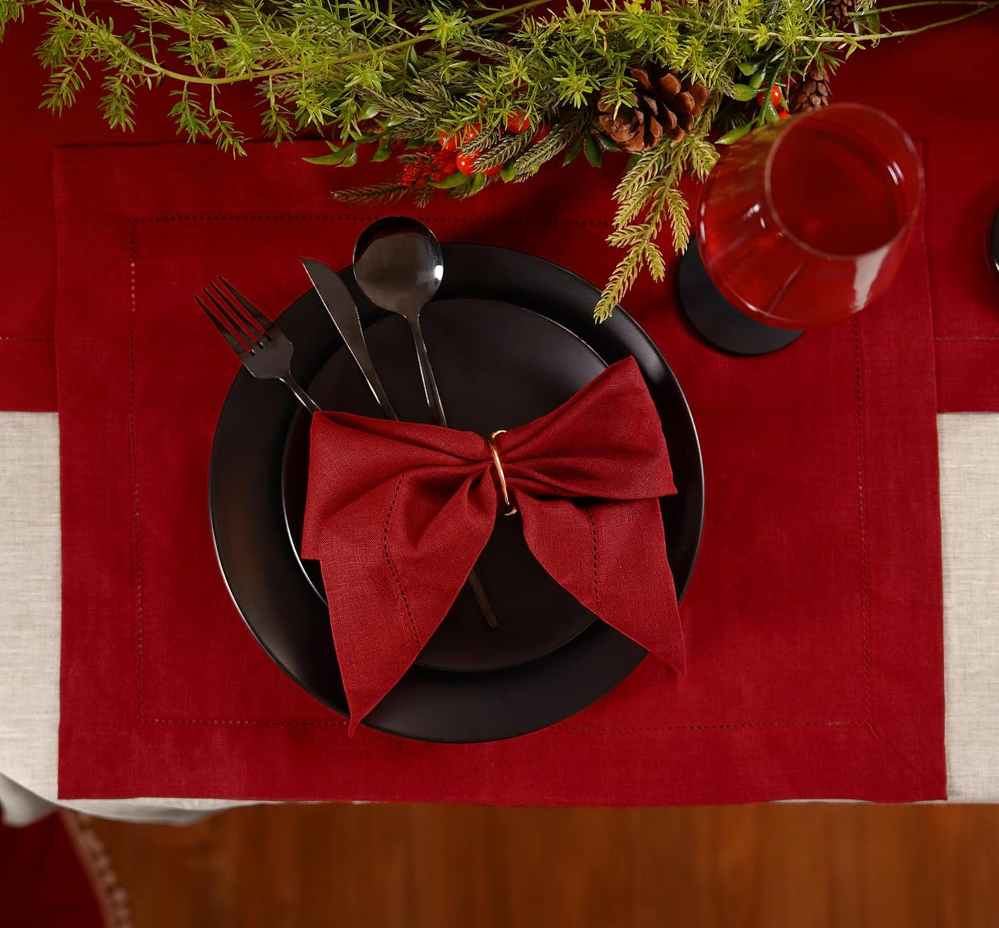 100% Pure Linen Red Placemats 14 x 19 Inch - Hemstitch Christmas Placemats Set of 4 – Elegant Cloth Fabric Table Mats for Winter, Thanksgiving & New Year Décor – Elara Collection