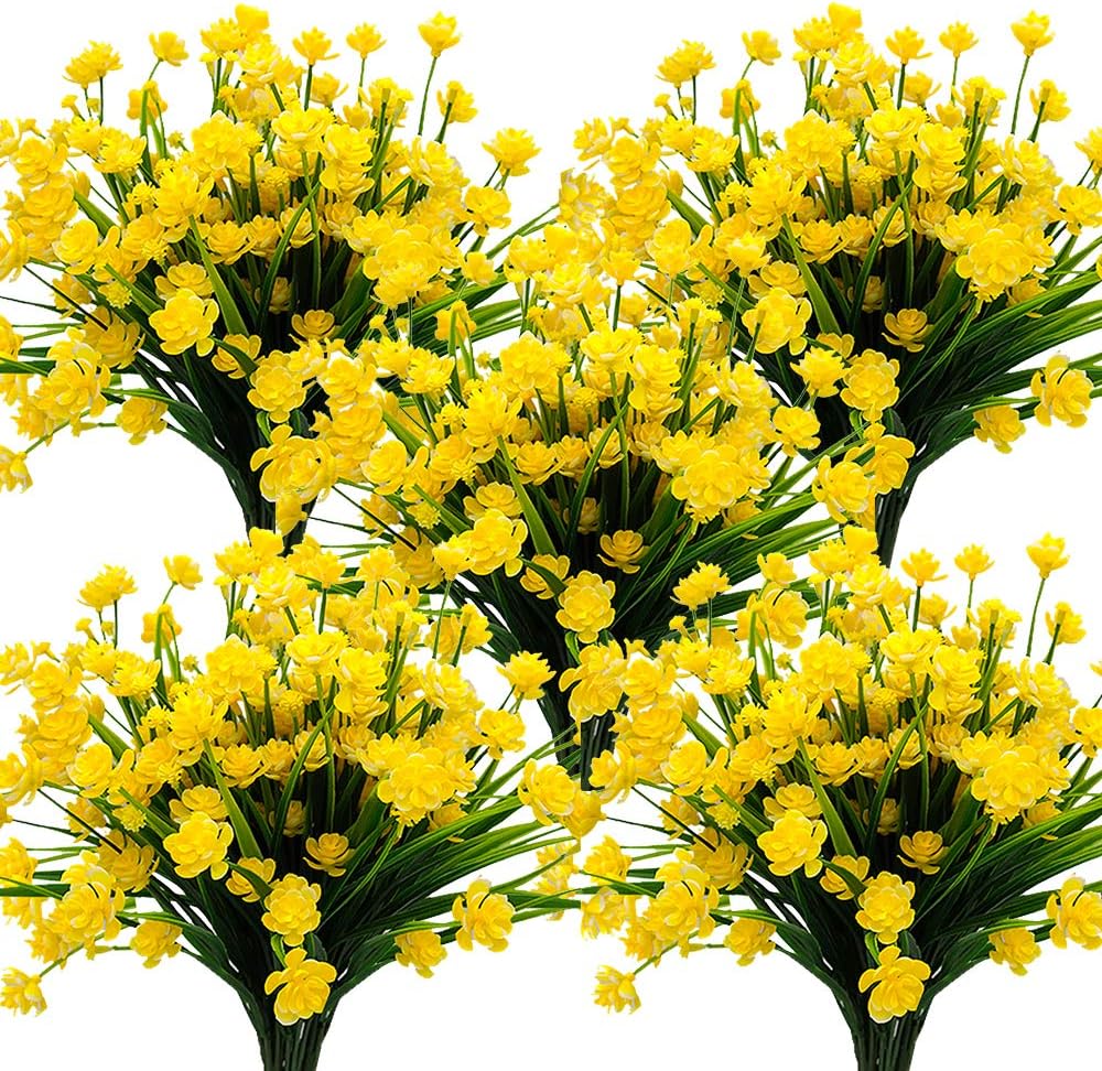 Artificial Flowers Outdoor UV Resistant Fake Plants Indoor Outside Hanging Planter Home Garden Decor, 10 Bundles (Yellow)