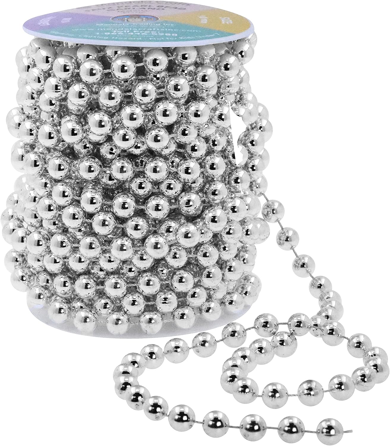 Mandala Crafts 10mm Faux Metallic Silver Pearl Beads Roll - 11 Yards Strand of Fake Pearls Chain Garlands Spool String for Christmas Tree, Wedding, Party, Vases, DIY Decoration