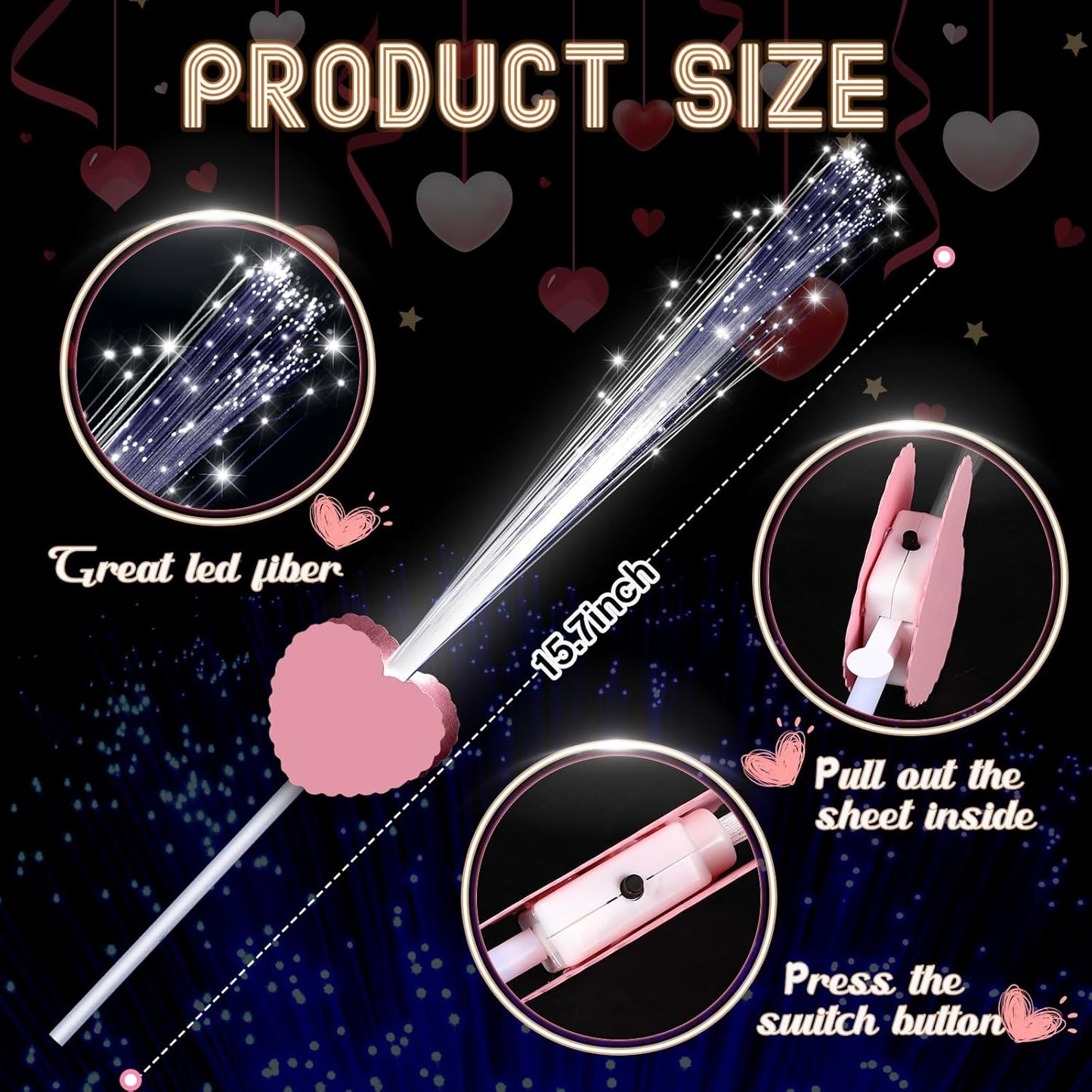 24 Pcs Wedding Sparklers Heart Shaped LED Glow Sticks Fiber Optic Wands Light up Wand with 3 Light Mode for Wedding Bridal Shower Birthday Glow in the Dark Party Supplies (Pink)