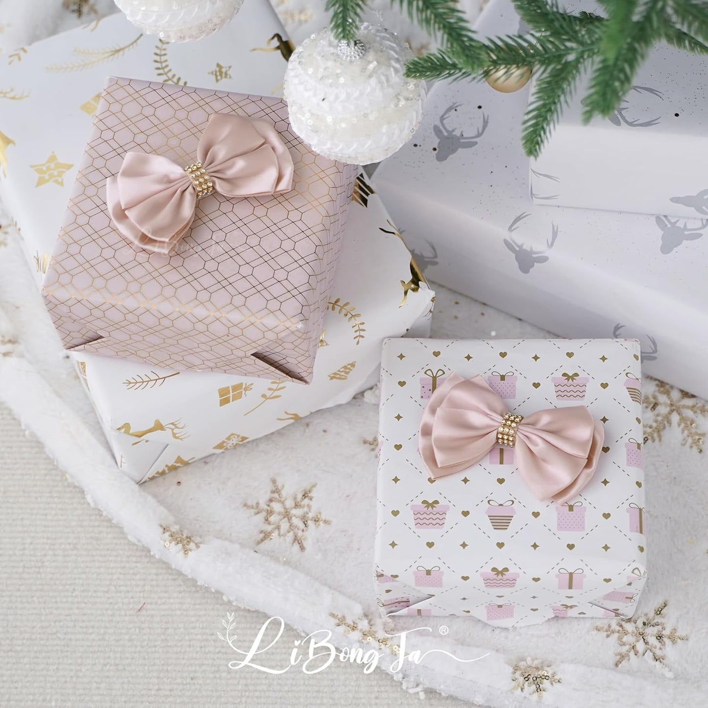 Pink Ribbon Bow 4'' Premade Satin Bows, Pink Gift Bows with Rhinestone, Rose Gold Bow for Presents, Greeting Cards, Treat Bags, Wine Bottle, Valentines Bows for Gift Wrapping-12 Counts