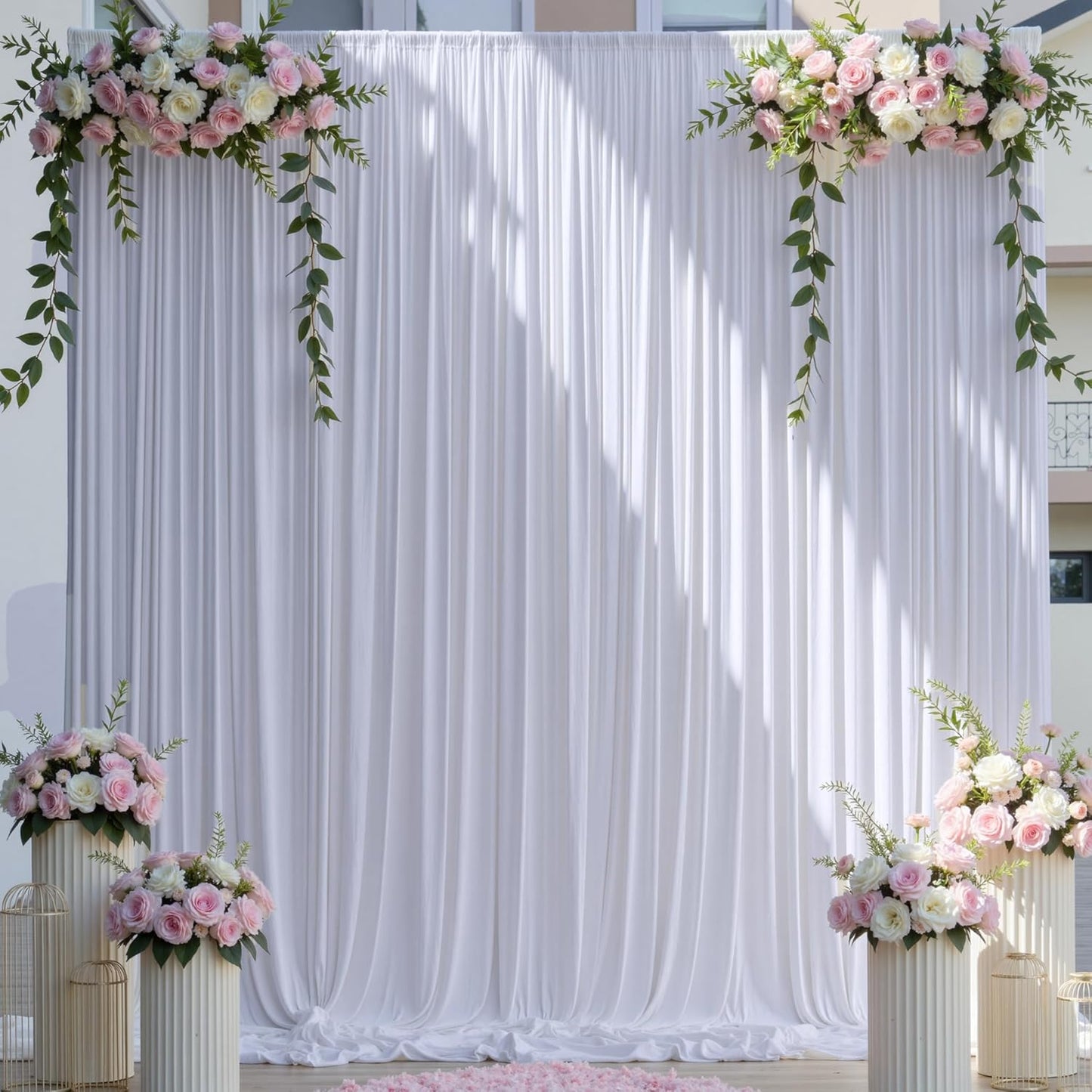 10×14 ft Wrinkle Free White Backdrop Curtain for Wedding Parties, 2 Panels 5×14ft Height Silky Polyester Photo Backdrop Drapes for Parties Birthday Baby Shower Photography Background Cloth