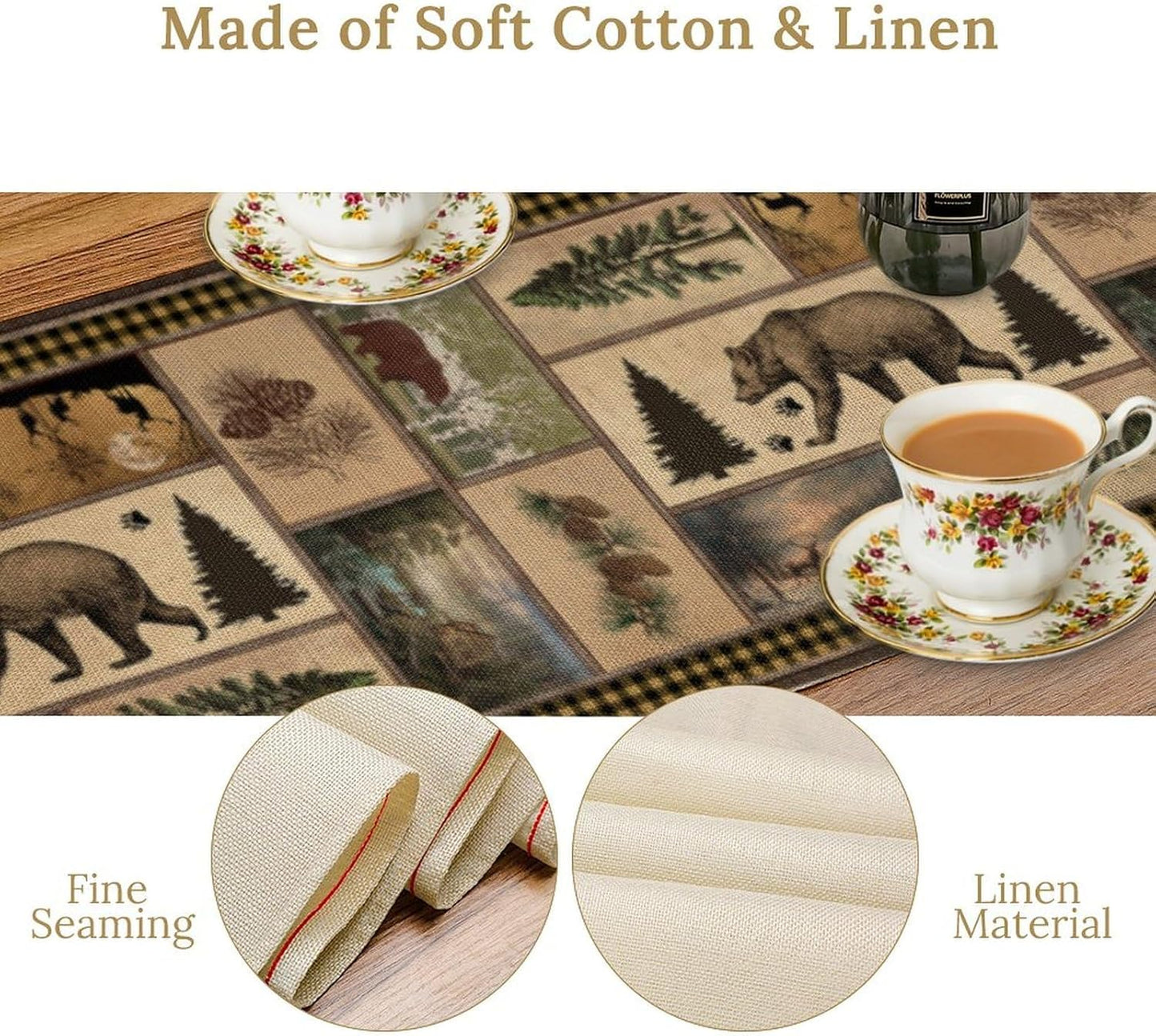 Country Lodge Bear Table Runner, Retro Vintage Bear Cottage Country Style Cabin Farmhouse Dinner Runner for Home Kitchen Dining Table Decoration,13x70 Inch