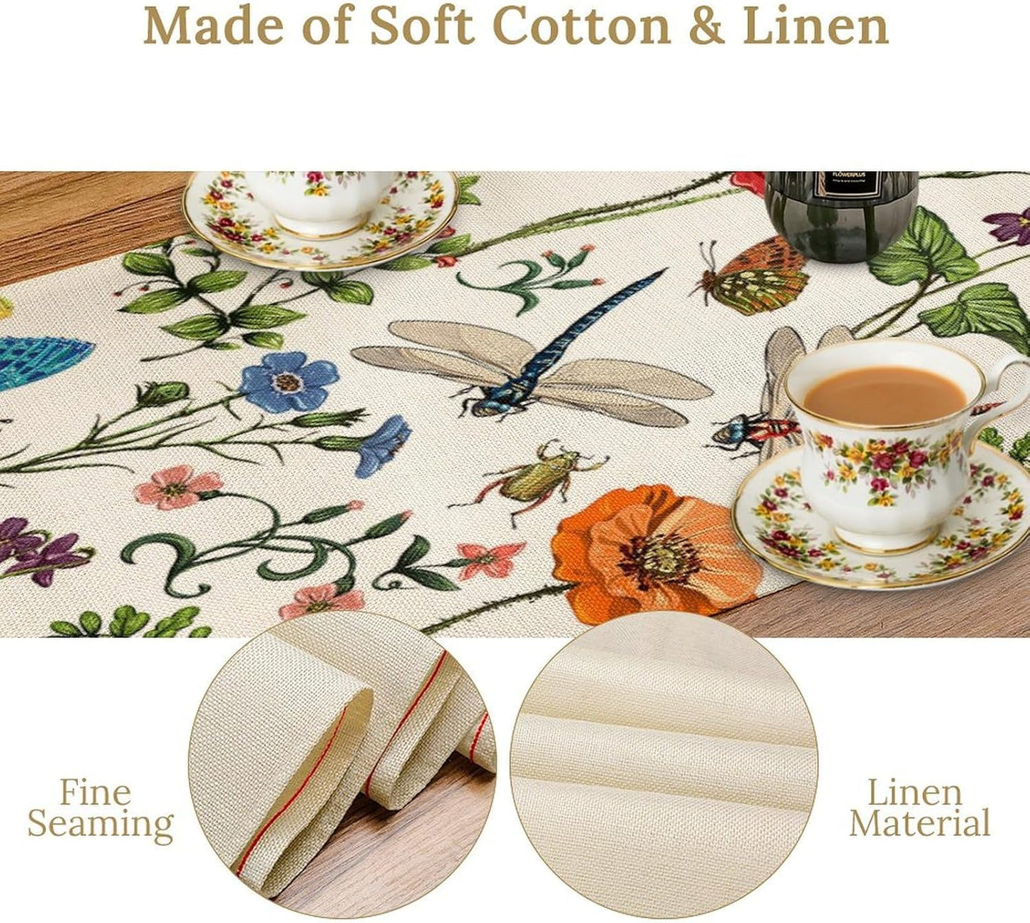 Vintage Botanical Flowers Table Runner, Seasonal Summer Plants Florals Butterfly Dinner Runner for Home Kitchen Dining Table Party Holiday Decoration 13"x108"