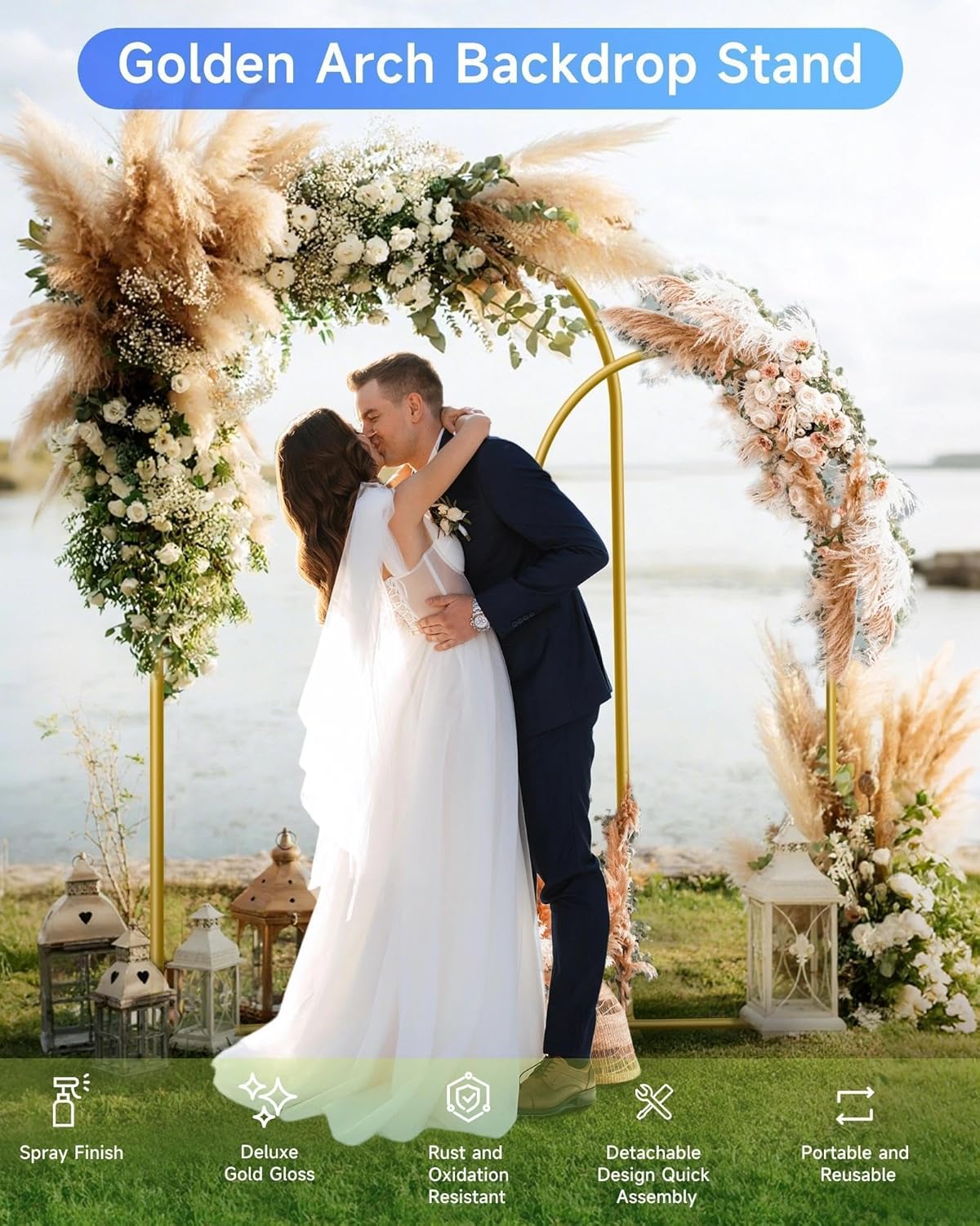 HEMMOTOP Metal Arch Backdrop Stand Set of 2 (7.2ft + 6ft), Wedding Arch Frame, Stable Background Stand with Square Base Ground Nails, for Birthday Party Baby Shower Garland Decoration, Gold