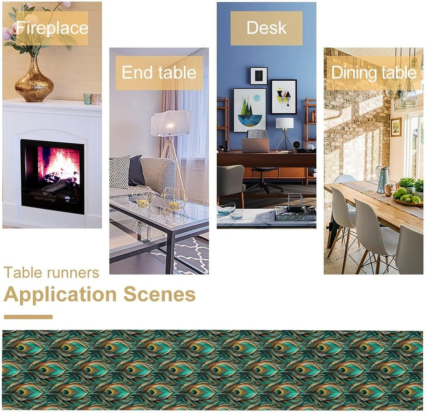 Peacock Feather Table Runner,Retro Aesthetic Green Table Runner for Home Kitchen Dining Party Indoor Outdoor Decoration 13x108 Inch