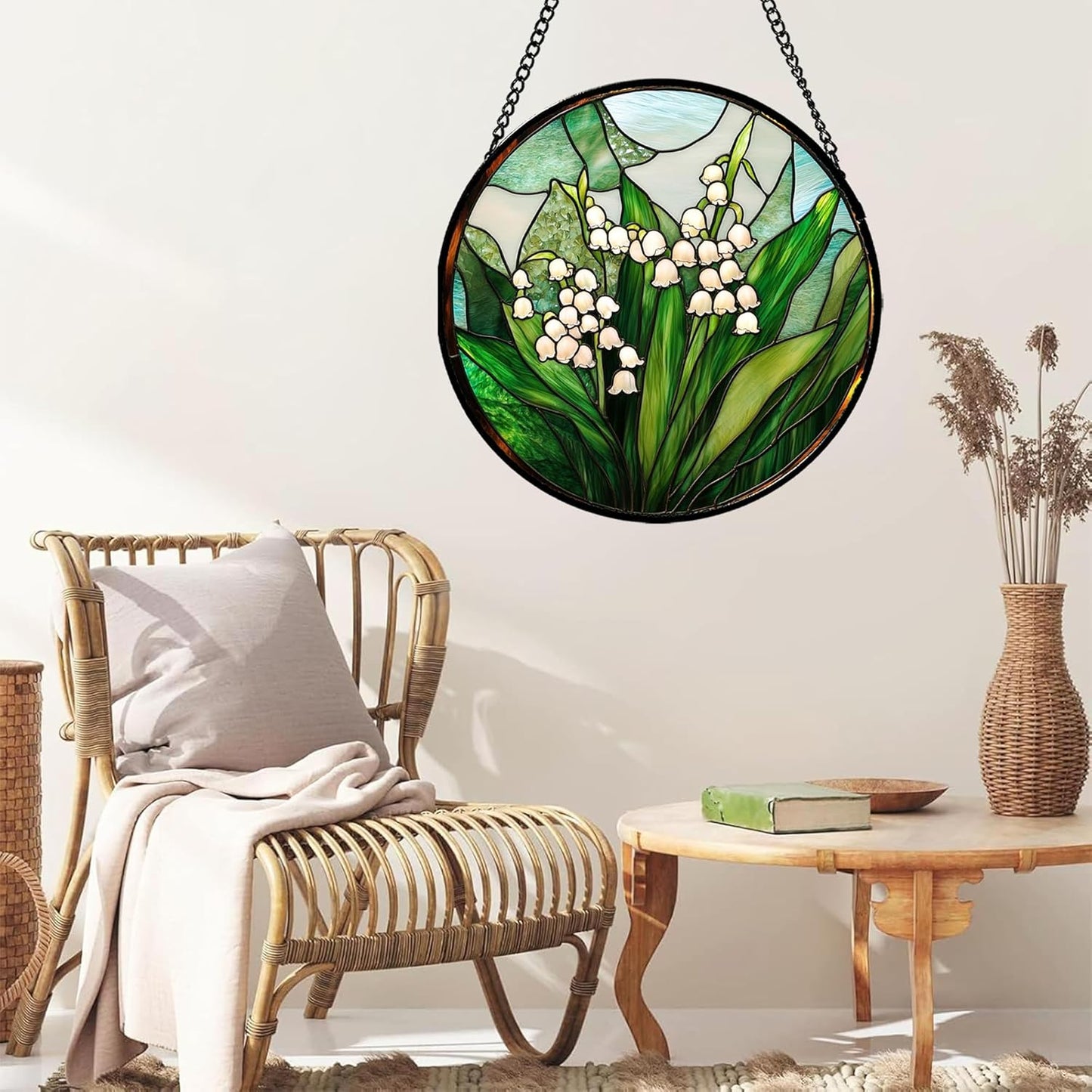 Stained Glass Window Hanging - White Green Lily of The Valley Suncatcher for Doors Garden Terrace Plant Sun Catchers Decor Mother's Day Birthday Flowers Gifts for Women Men Mom 7.8 in