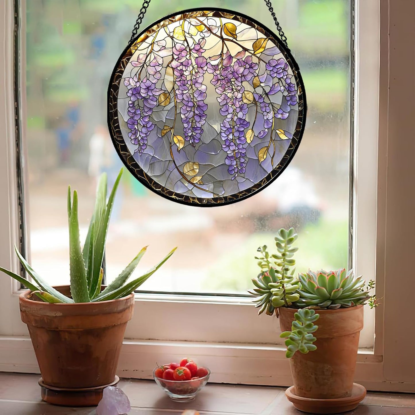 Stained Glass Window Hanging - Wisteria Flower Golden Leaves Sun Catcher for Door Home Decor Plant Suncatcher Christmas Mother's Day Birthday Gifts for Women Men Lovers Mom Nana 11.8 in