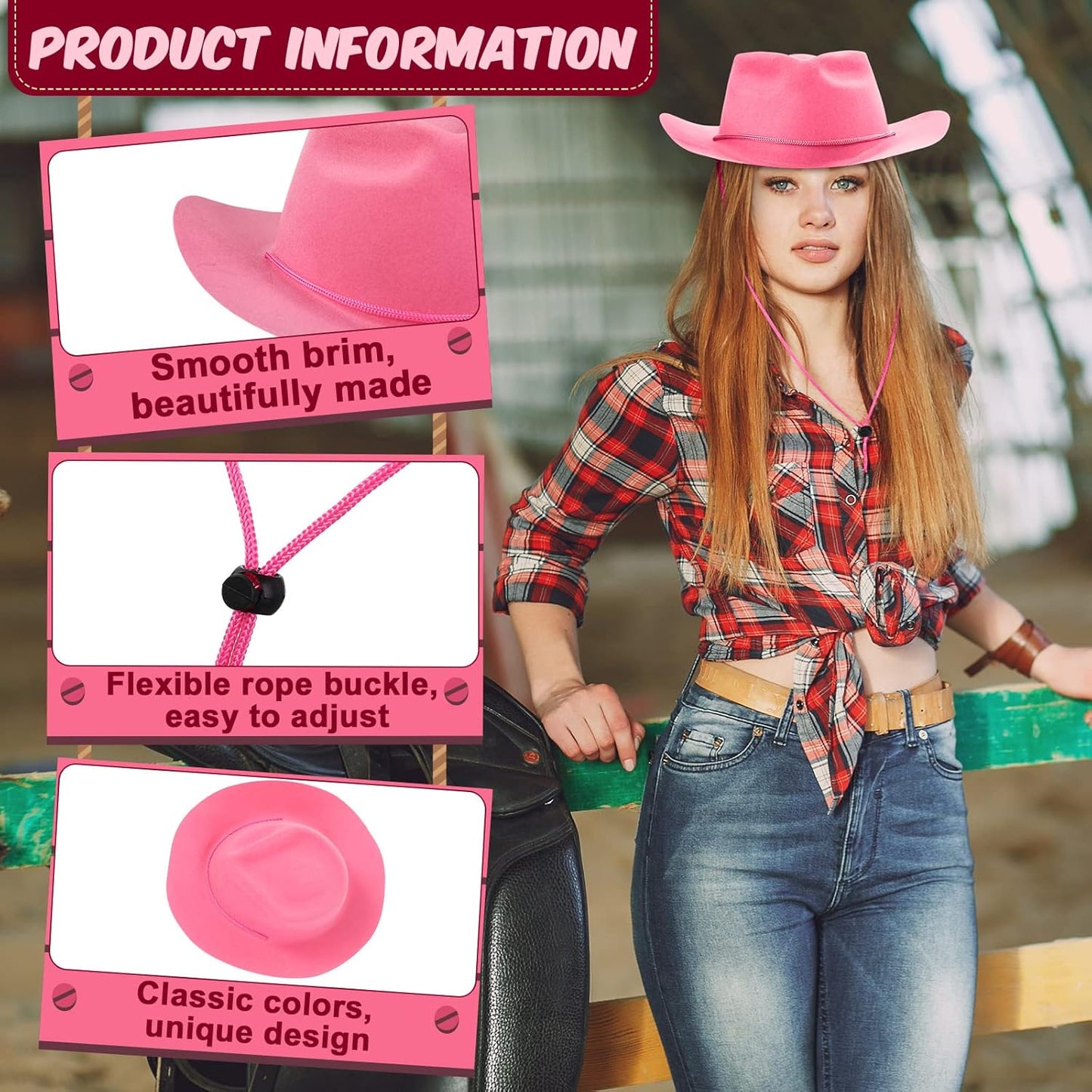 Mepase 24 Pieces Disposable Plastic Western Cowboy Hat Set Felt Wide Brimmed Cowgirl Hats for Men Women Costume Party(Pink)