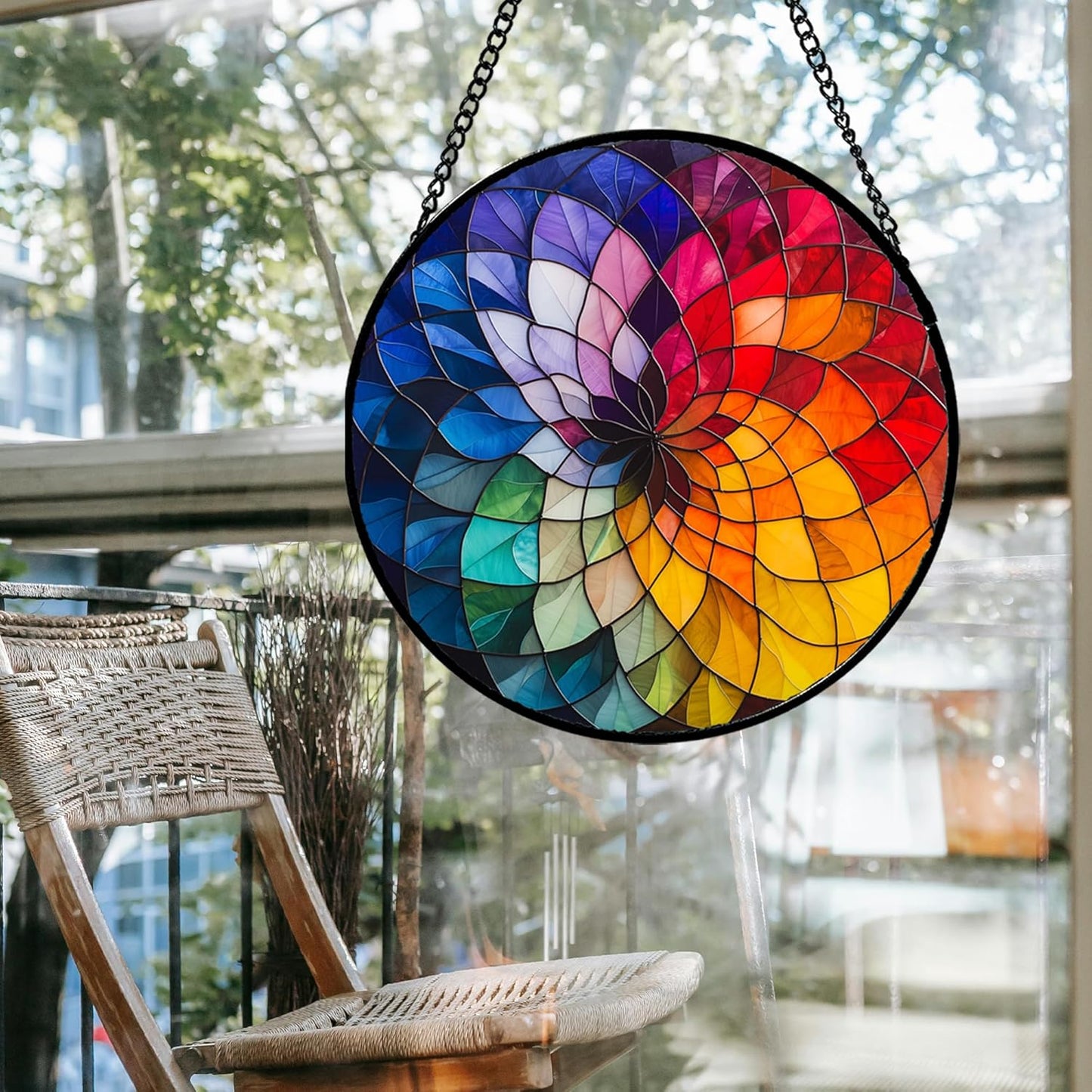Stained Glass Window Hanging - Colorful Flowers Sun Catcher for Door Terrace Garden Home Decor, Abstract Gradient Suncatcher Birthday Gifts for Lovers Women Men Dad Mom Nana 6.3 in