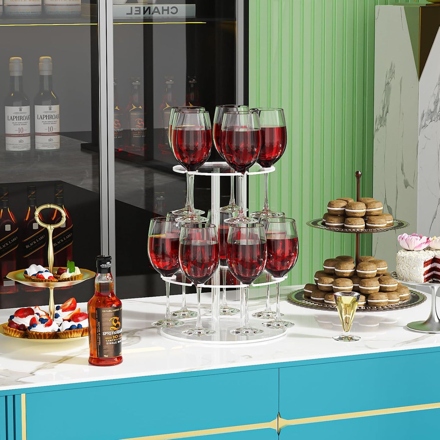 Champagne Tower, Circle Acrylic Champagne Display Rack Stand with 12 Slots, 2 Tiers Floating Sight Champagne Flute Holder for Party, Wedding, School, Celebration, 11.8x11.8x15.4 inch