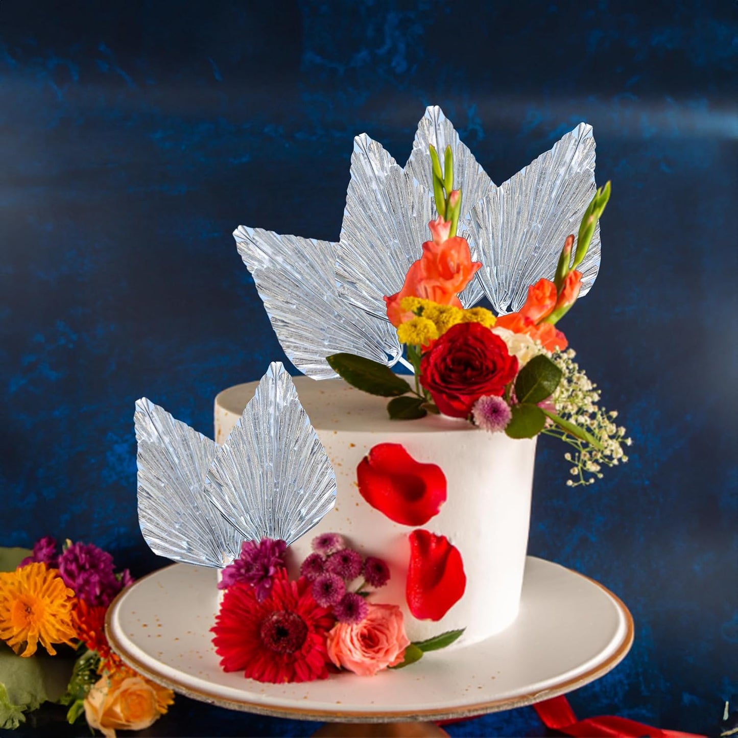 Gyufise 6Pcs Paper Palm Fan Cake Topper Palm Leaf Fan Cake Pick for DIY Bakeware Craft Project Home Made Wedding Bridal Shower Birthday Anniversary Party Cake Decorations Supplies Metallic Silver