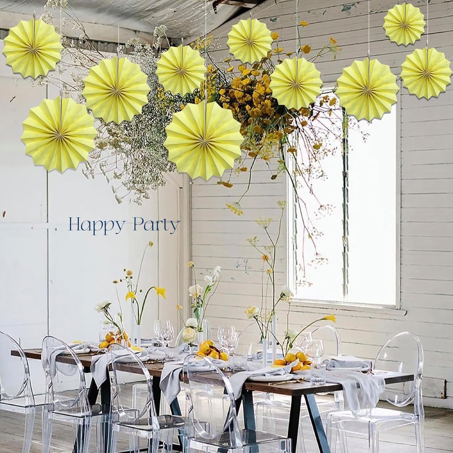 Yellow Hanging Paper Fans,Yellow Accessories Paper Decorations for Party,Color Party Decorations,Bee Themed Classroom Decor,12in Hanging Paper Fans 30 Color DIY Set （Light Yellow）