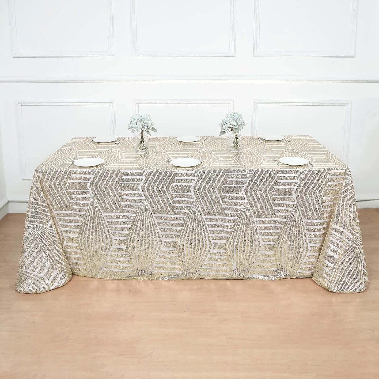 Efavormart 90"X132" Champagne Sparkly Sequin Geometric Tulle Rectangular Tablecloth