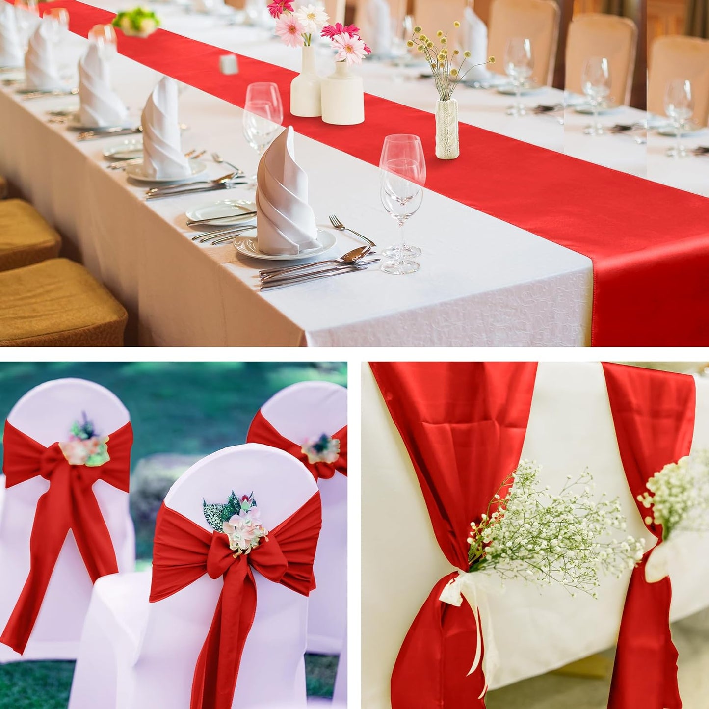 Aneco 12 Pack Satin Table Runner 12 x 108 Inch Red Long Wedding Satin Silk Table Runner for Wedding Banquet Graduations Birthday Party Decoration