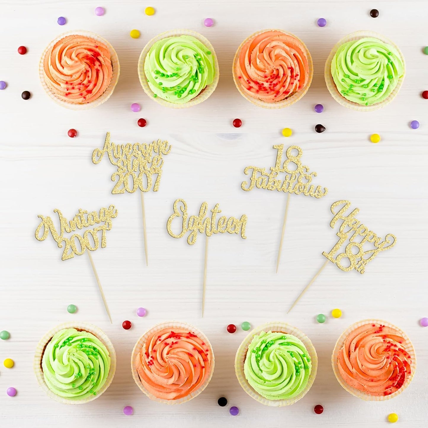 30Pcs Vintage 2007 Cupcake Toppers Glitter Eighteen Happy 18th Birthday 18 Fabulous Cupcake Picks Cheers to 18 Years for 18th Birthday Wedding Anniversary Party Cake Decorations Supplies Gold
