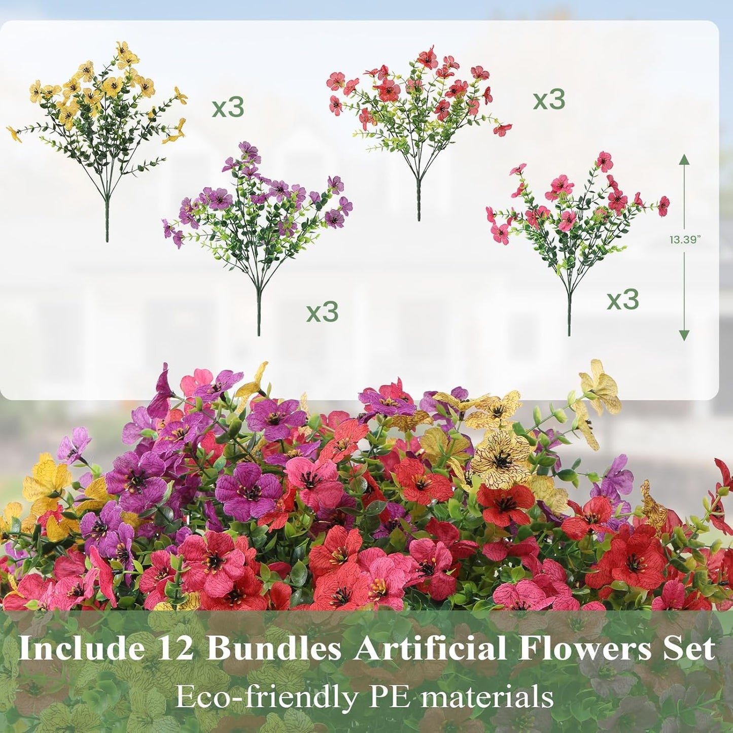 Artificial Flowers for Outdoors 12 Bundles, UV Resistant Colorful Fake Silk Flower Outdoor Planter Garden Decor Indoor Decorations