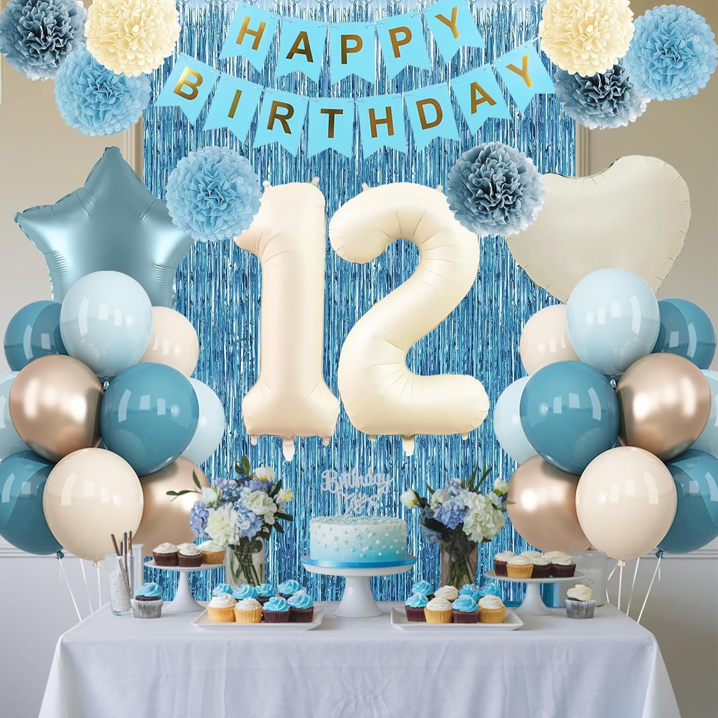 Dusty Blue 12th Birthday Party Decorations Boys Girls Beige Cream Number 12 Balloon with Blue Gold Happy Birthday Banner Fringe Curtain Paper Pom Poms Nude White Sand Champagne Star Foil Balloons