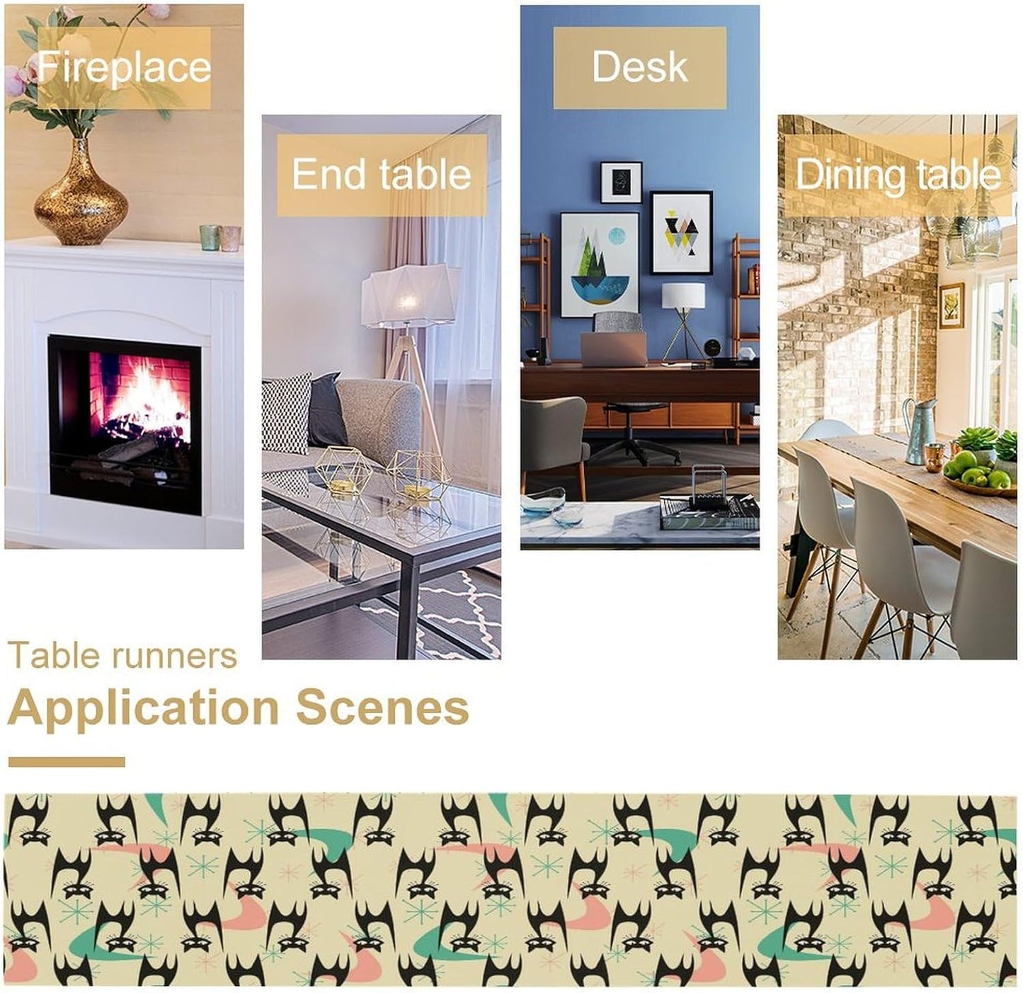 Mid Century Table Runner,Cat Geometric Stripe Colorful Abstract Pattern Print Tablecloth Burlap for Hotel Indoors Outdoor Dining Room Kitchen Holiday Party, 13x108in