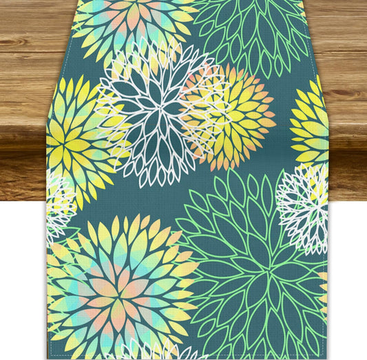 Green Dahlia Flower Table Runner, Linen Geometric Pattern Floral Table Decor Spring Farmhouse Decorations for Kitchen Dining Holiday Party Decor, 13x90 Inch