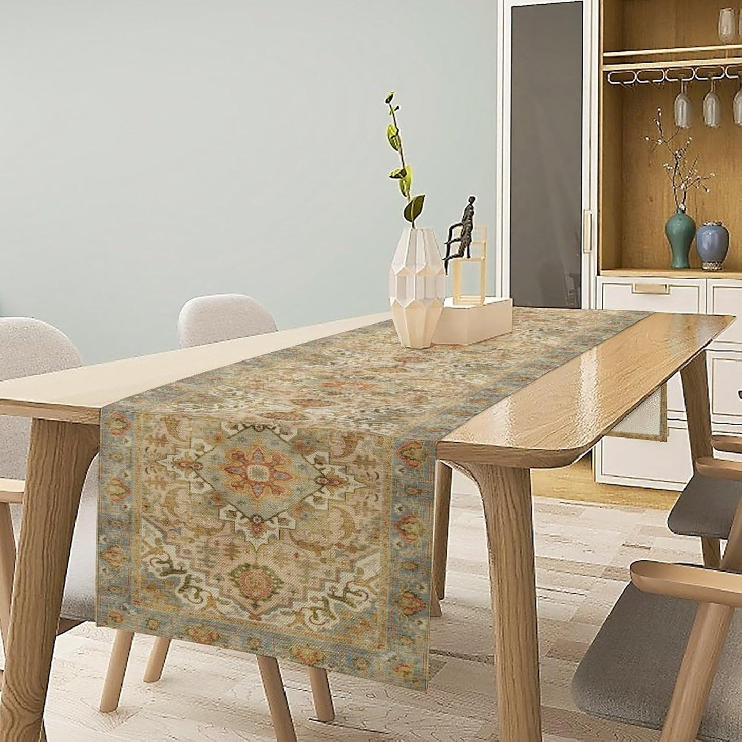 Vintage Boho Floral Table Runner, Rustic Country Farmhouse Yellow Blue Retro Flower Pattern for Home Kitchen Table Decor Dining Coffee Room Party Decor 13x120in