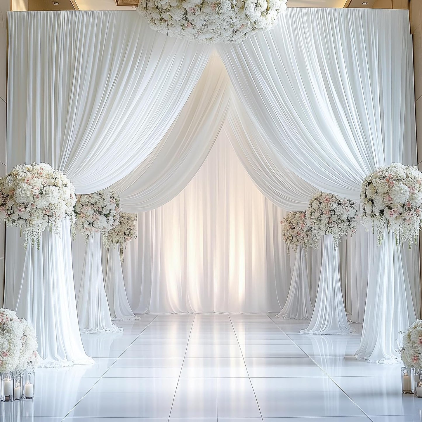 50ftx12ft Wrinkle Free White Backdrop Curtain, 10 Panels 12FT Height White Wedding Backdrop Drapes, Silky Polyester Back Drop Cloth for Birthday Photography Background Party Backdrop Draping