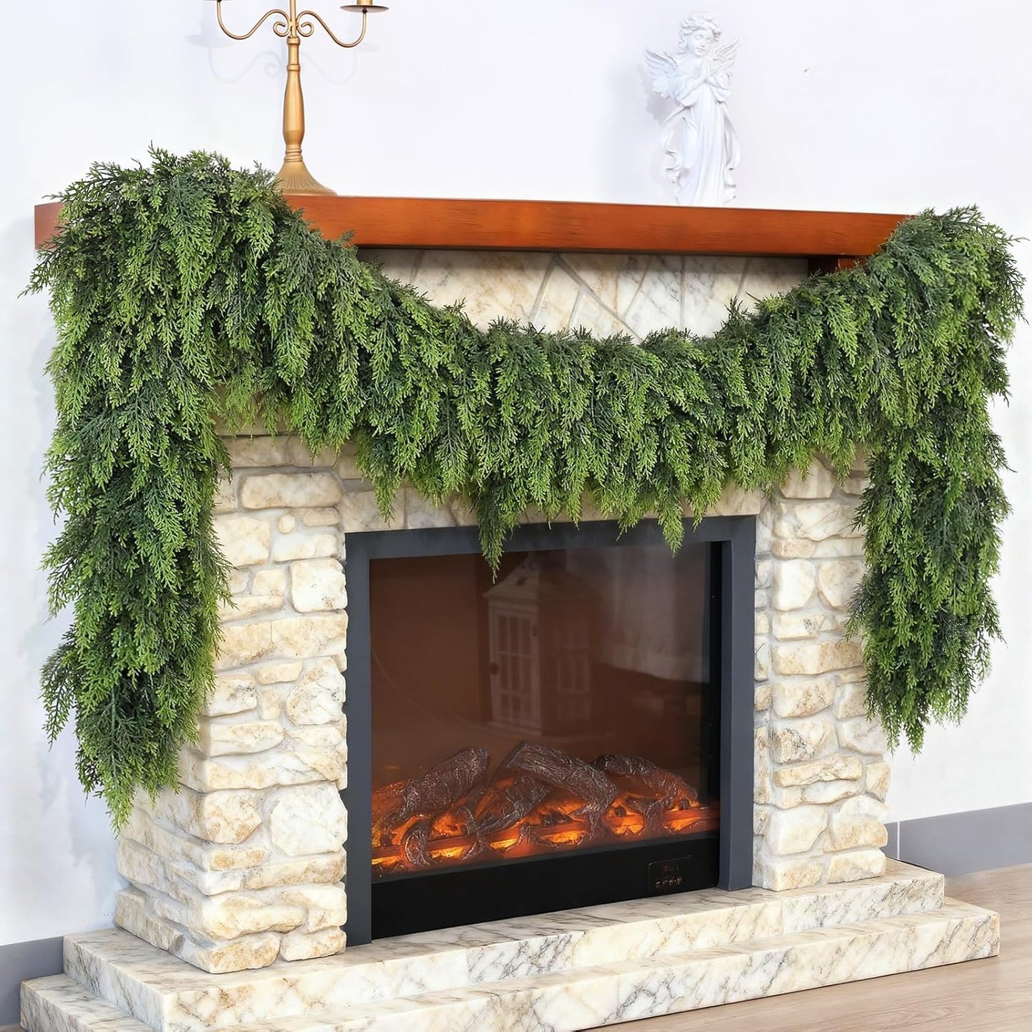 Christmas Cedar Garland - 16ft Artificial Cedar Garland Faux Lush Green Fake Pine Needles for Fireplace,Table,Window,Stairs,Mante,Holiday Indoor Outdoor Xmas Decor(1PCS)