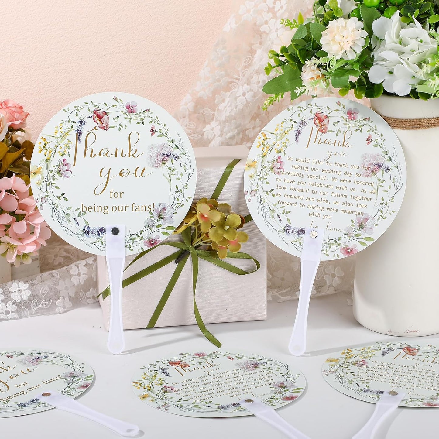 Roowest 100 Pcs Wedding Fans for Guests Bulk Plastic Floral Handheld Wedding Fans with Handle Thank You for Being Our Fan for Ceremony Bridal Baby Shower Party Favors Decoration(Elegant Style)