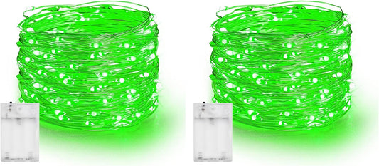 Dazzle Bright Fairy Lights Battery Operated, 2 Pack Total 40FT 120LED Silver Wire Waterproof String Lights, Christmas St. Patrick's Day Decorations for Indoor Outdoor Bedroom Yard Decor, Green
