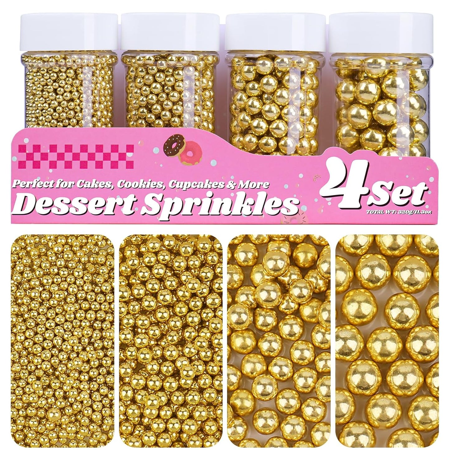 Gold Pearl Sprinkles for Cake Decorating, 11.3 Oz Edible Pearls Sugar 4 Sizes Gift Box Set for Baking Cookie Ice Cream Cupcake Toppings