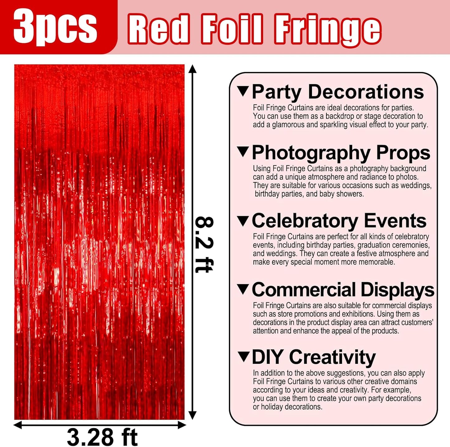 3 Pack Red Foil Fringe Curtain Backdrop, 3.28Ft x 8.2Ft Metallic Tinsel Foil Fringe Streamer Curtains for Photo Booth, Mother's Day, Easter, Birthday, Wedding Party Decorations