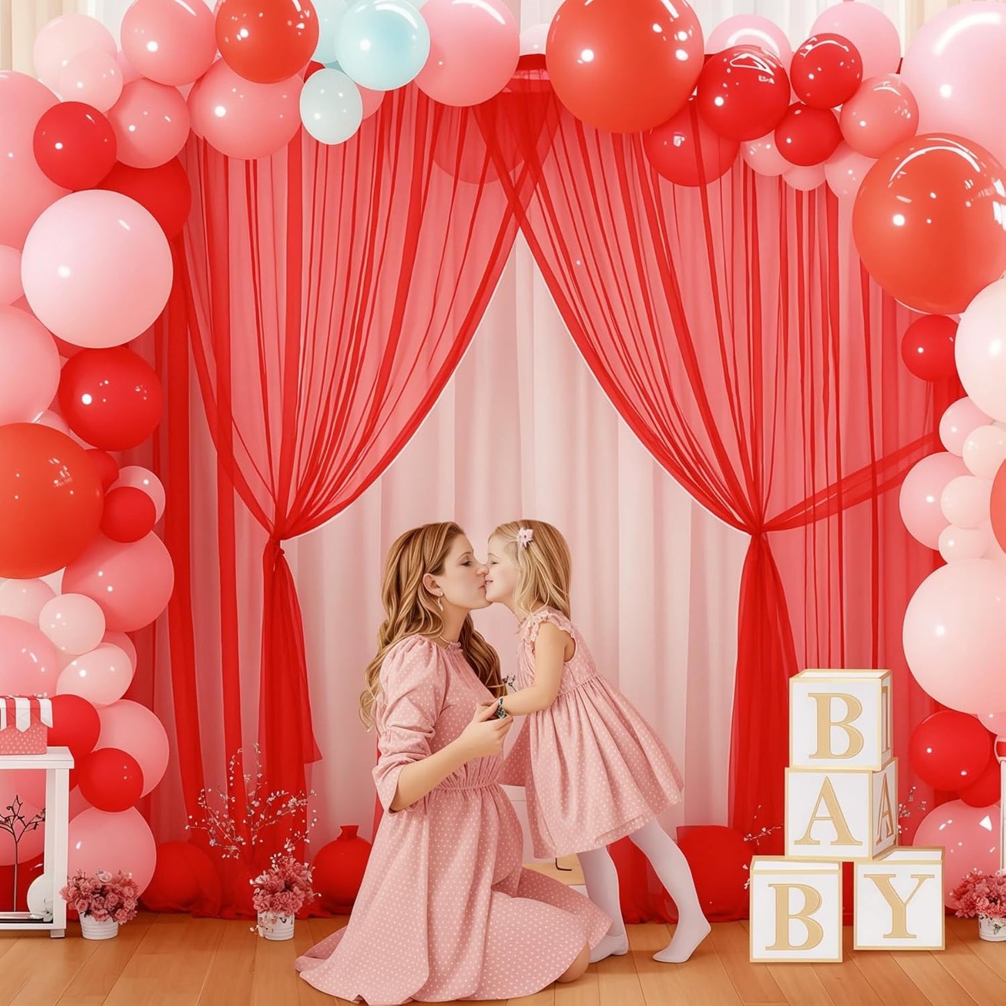 10x10ft Red Tulle Backdrop Curtain for Parites, Sheer Backdrop Curtains for Wedding Baby Shower Birthday Party Photo Shoot Decorations