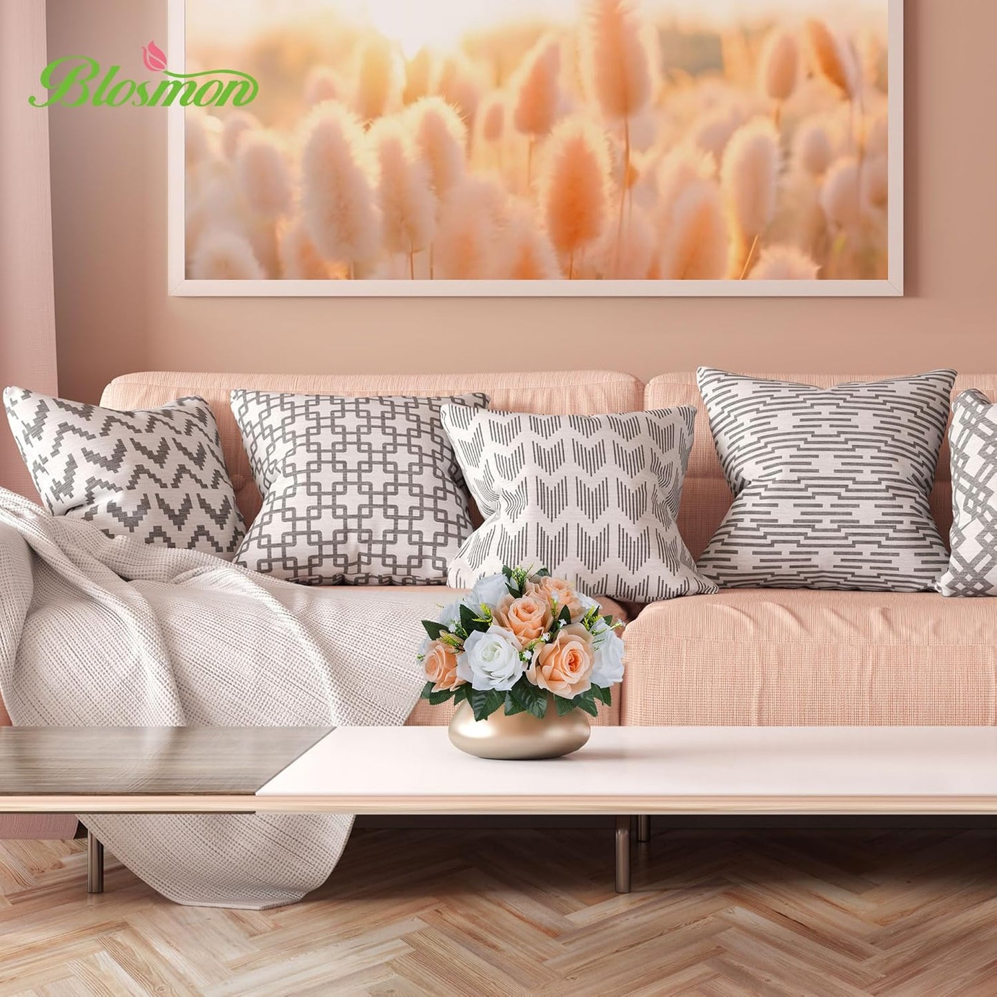 BLOSMON Rose Flower Balls Centerpieces: 6pcs 9.5 Inch Peach Fuzz Fake Flowers Kissing Balls Decor Artificial Wedding Floral Arrangements Silk Bouquet with Base Home Party Room Table DIY Decorations