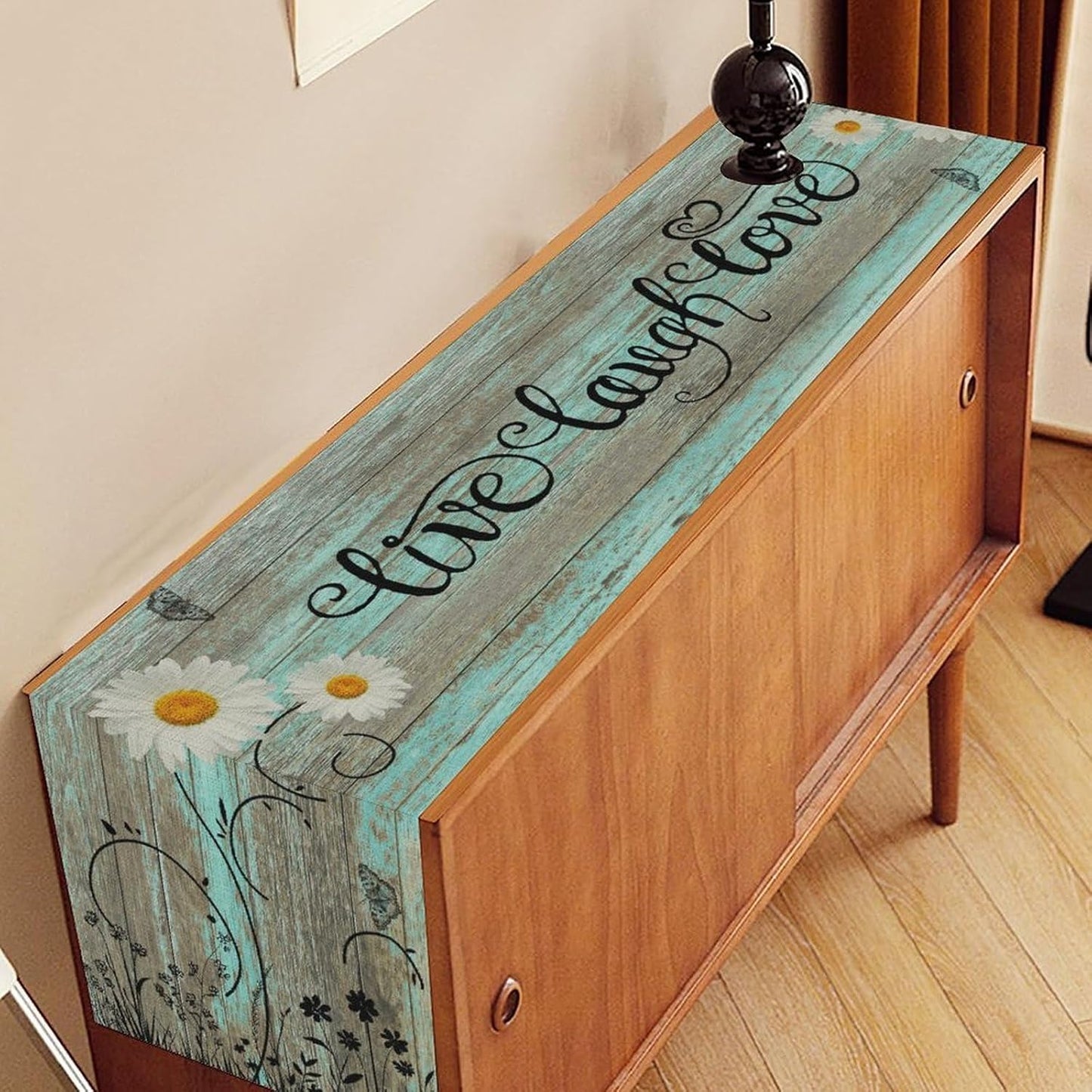 Farmhouse Floral Table Runner, Spring Seasonal Daisy Flower Retro Wooden Country Table Center Decor for Home Kitchen Dining Patio Holiday Party Indoor Outdoor Table Decorations, 13"x36" Inch