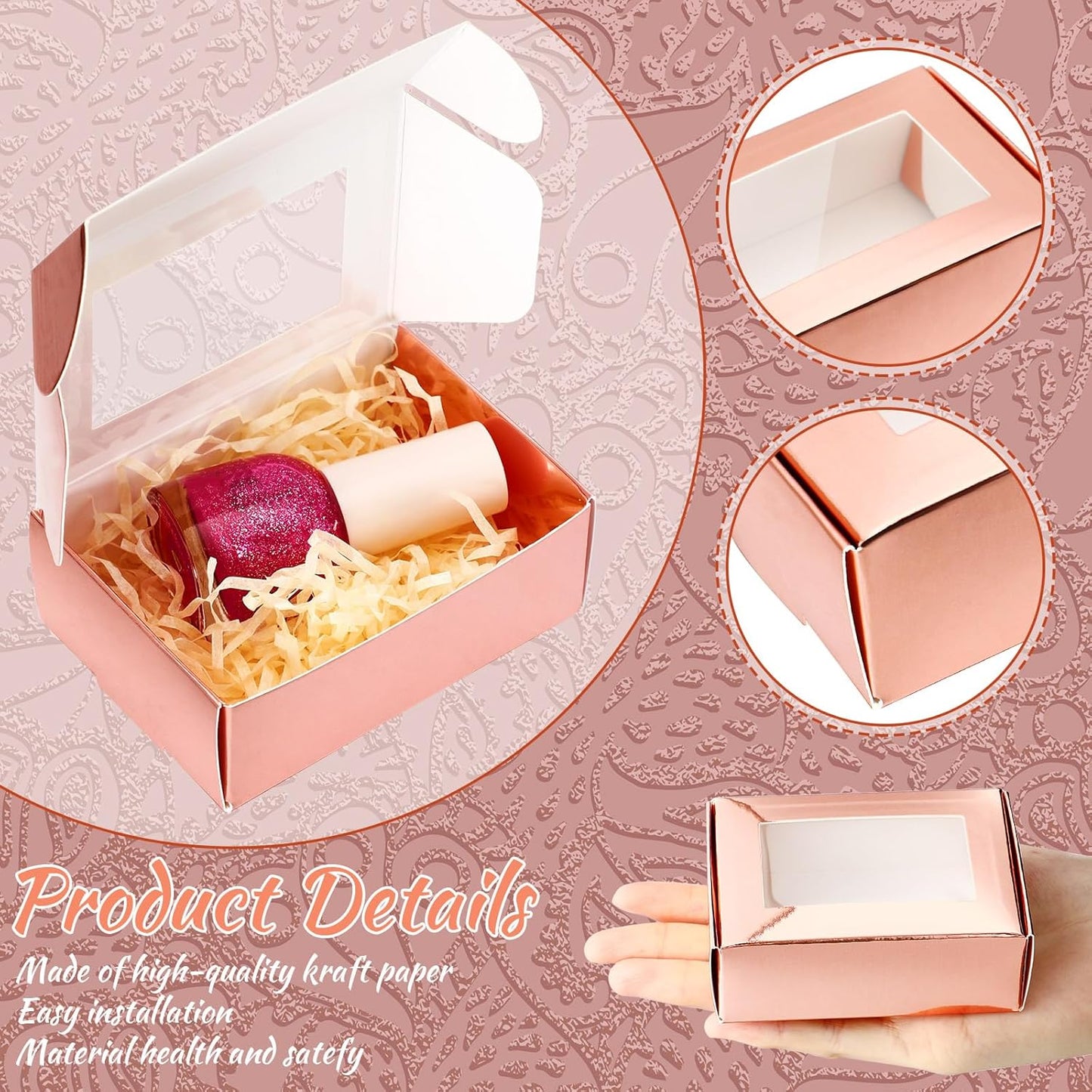 Zonon 30 Pcs Soap Boxes for Homemade Packaging, Mini Kraft Treat Boxes with Window for Bakery Candy Soap Making Gift Packaging(3.5 x 2.4 x 1.2 Inch,Rose Gold)