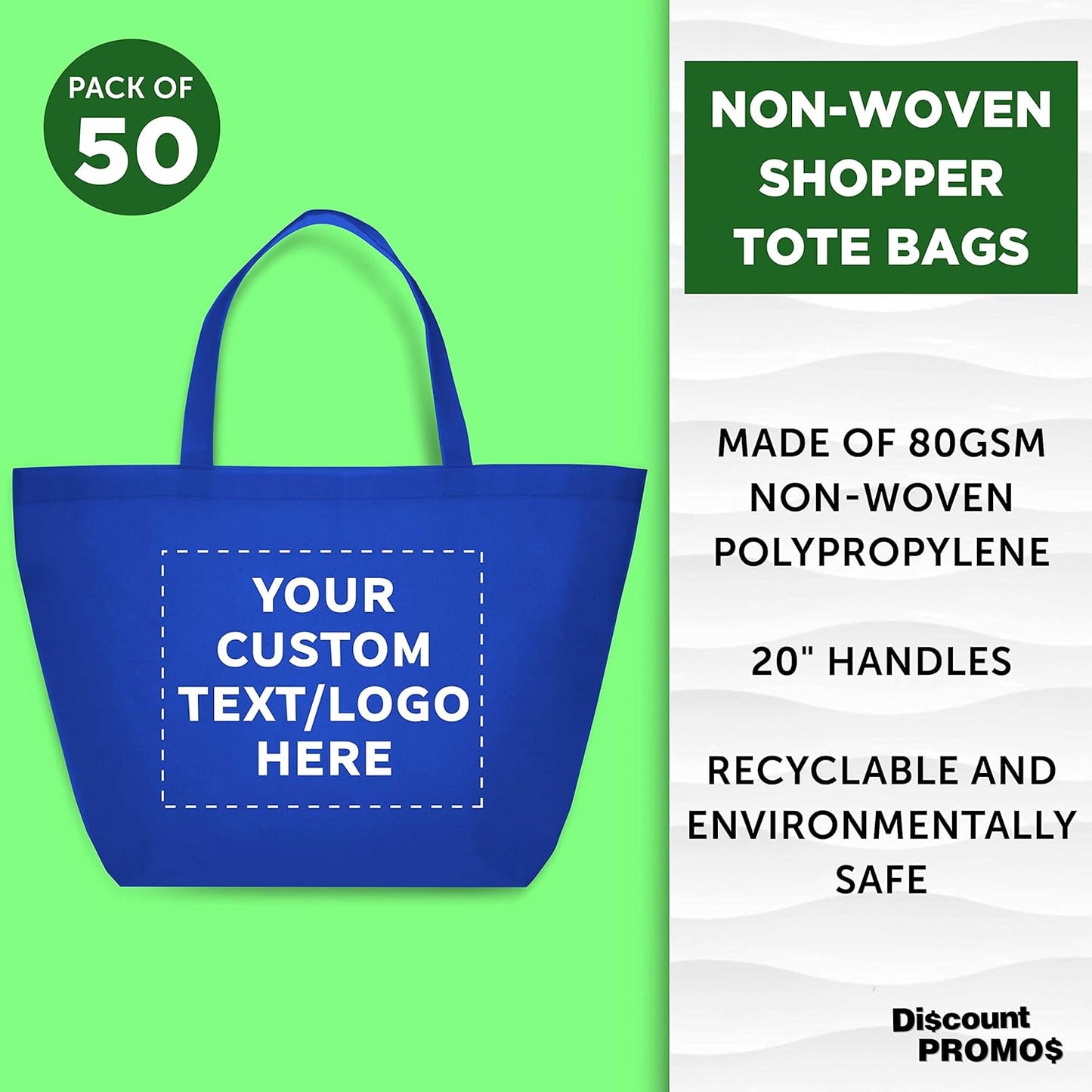 DISCOUNT PROMOS Custom Southern Style Grocery Tote Bags Set of 50 - Personalized Bulk Pack, Reusable Grocery & Shopping Bags - Great for Travel, Carry on Bag, Business Promotions - Blue - 20"X13"X8"