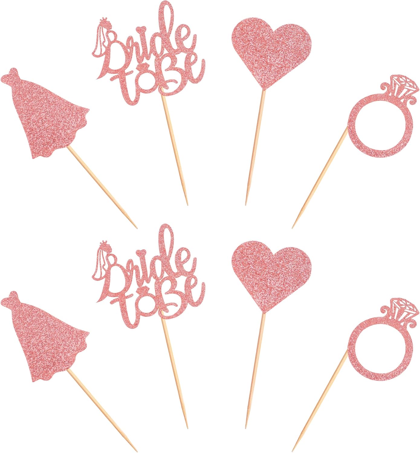 Pack of 24 Bride to Be Cupcake Toppers with Heart Ring Dress Bridal Shower Cupcake Picks Wedding Engagement Bachelorette Party Cake Decorations Supplies - Rose Gold Glitter