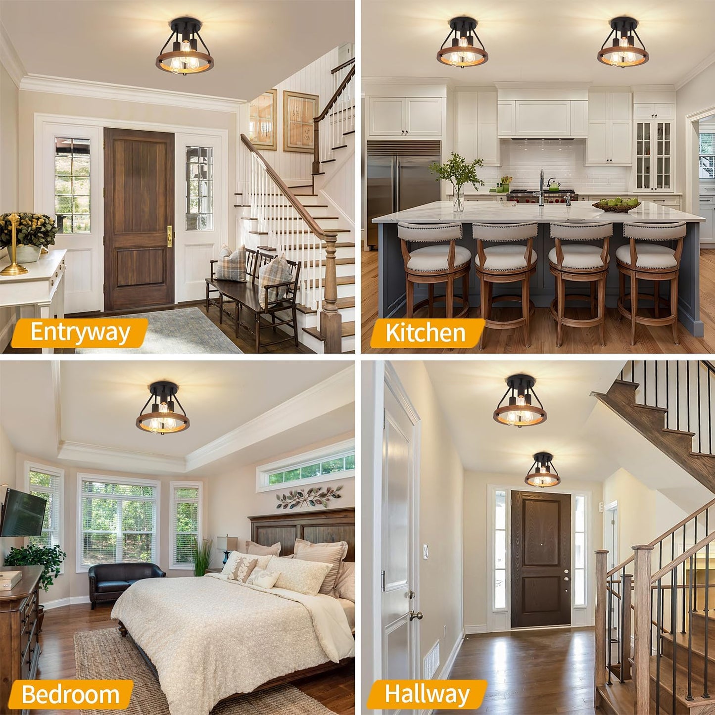 Modern Farmhouse Wood Semi Flush Mount Ceiling Light, Hallway Entryway Light Fixtures, 3-Light Rustic Industrial Ceiling Lamp for Kitchen Bedroom Dining Room Laundry Room Lighting, UL-Listed