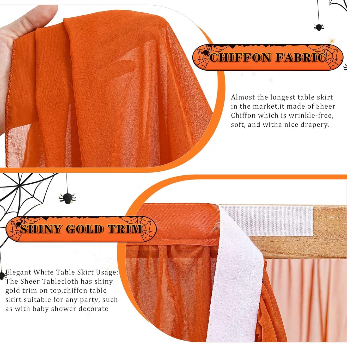 Terracotta 6ft Chiffon Table Skirt for Rectangle Tables or Round Tables Sheer Tablecloth for Halloween Birthday Party Wedding Baby Shower Cake Dessert Decor