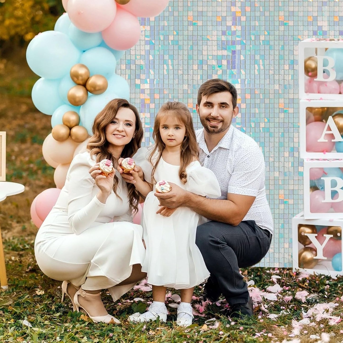 24PCS Colorful Blue Shimmer Wall Backdrop, Square Sequin Backdrops Panel, Glitter Wall Background for Birthdays, Weddings, Graduation, Engagements, Disco Bachelorette Party Decoration (4FTx6FT)