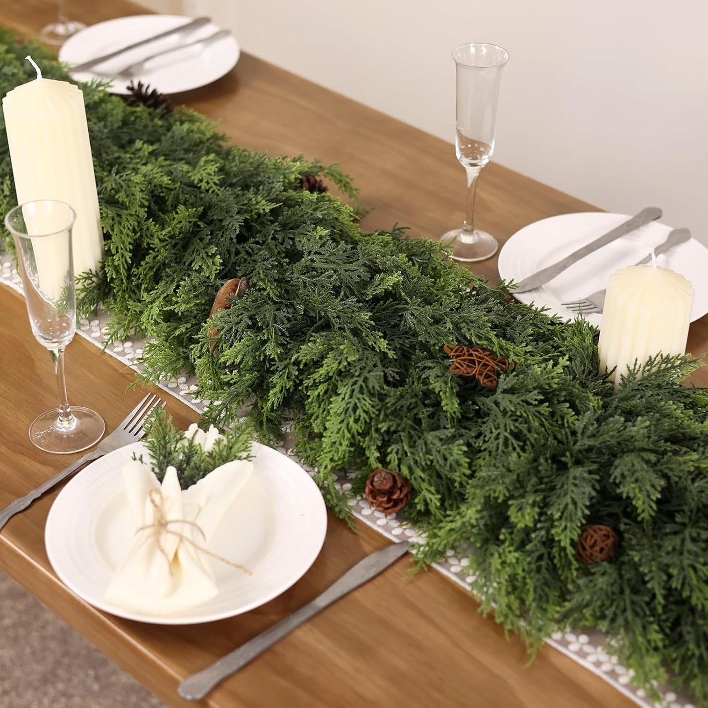 9FT Real Touch Cedar Garland - Artificial Christmas Garland Fake Green Faux Thick and Lush Pine Needles Garlands for Table Fireplace Mantle Holiday Home Indoor Outdoor Decor (2PCS)