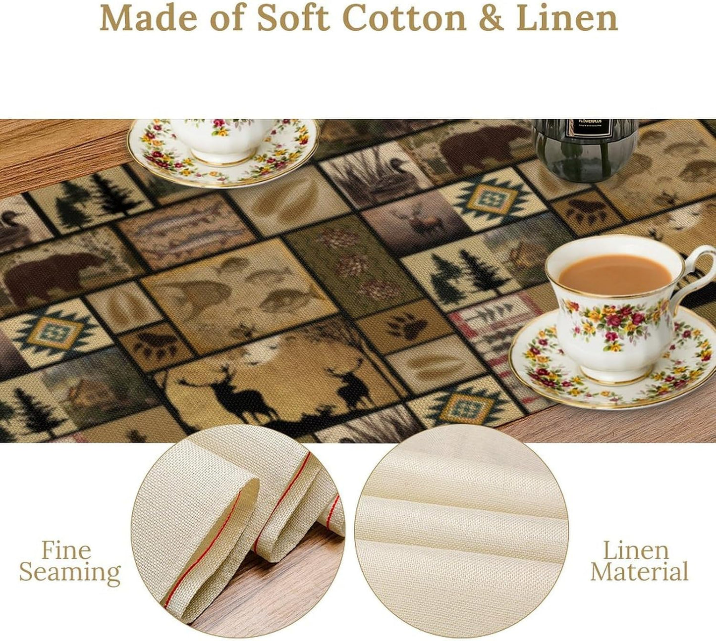 Vintage Deer Bear Table Runner, Fish Retro Farmhouse Cabin Lake Country Lodge Table Runner for Home Dinner Kitchen Living Room, 13x108 Inch