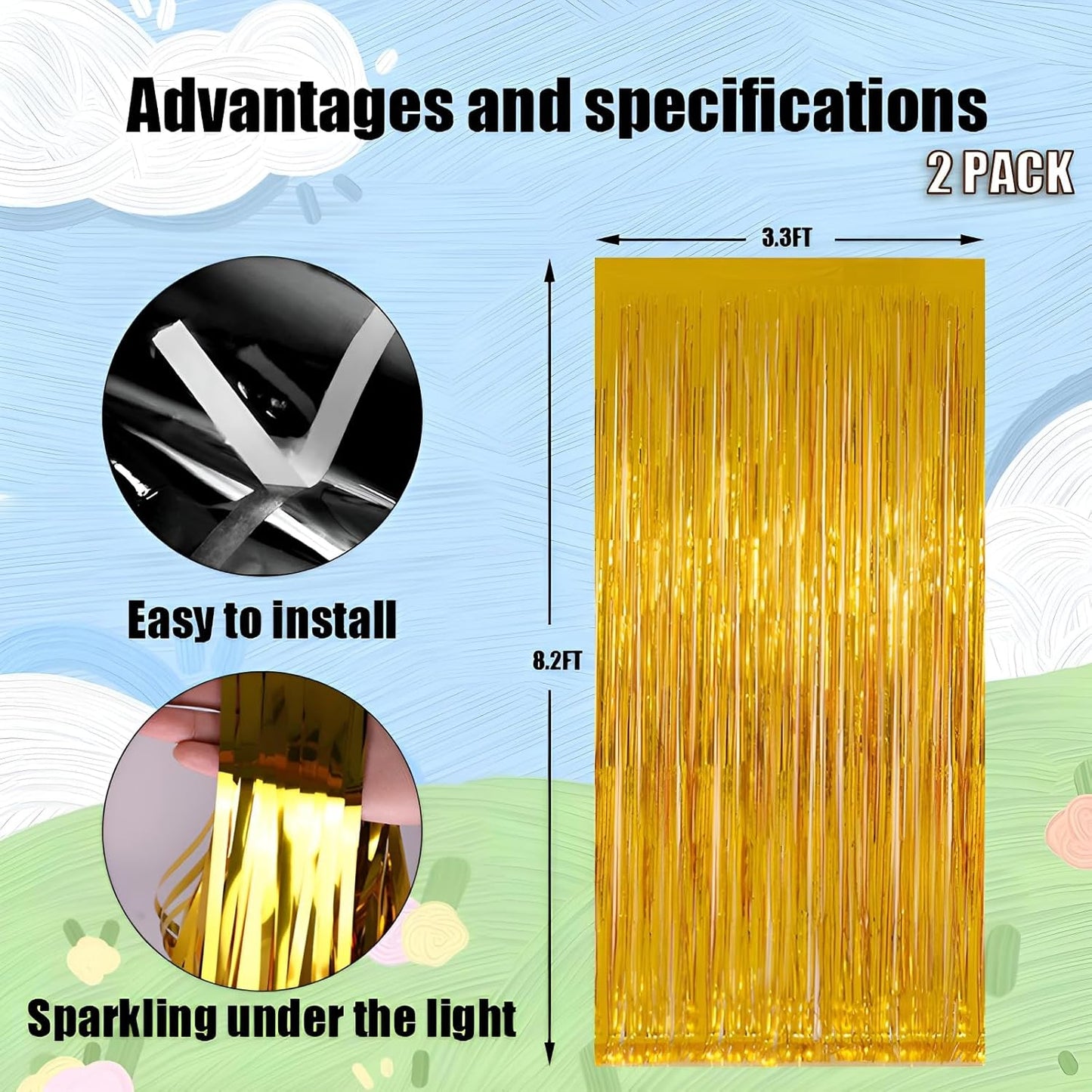 Keyali 2 Pack 3.3 * 8.3 ft Foil Curtain Metallic Tinsel Fringe Curtains Photo Booth Props Backdrop for Birthday Wedding Engagement Baby Shower Christmas Holiday Celebration Partyl,Gold