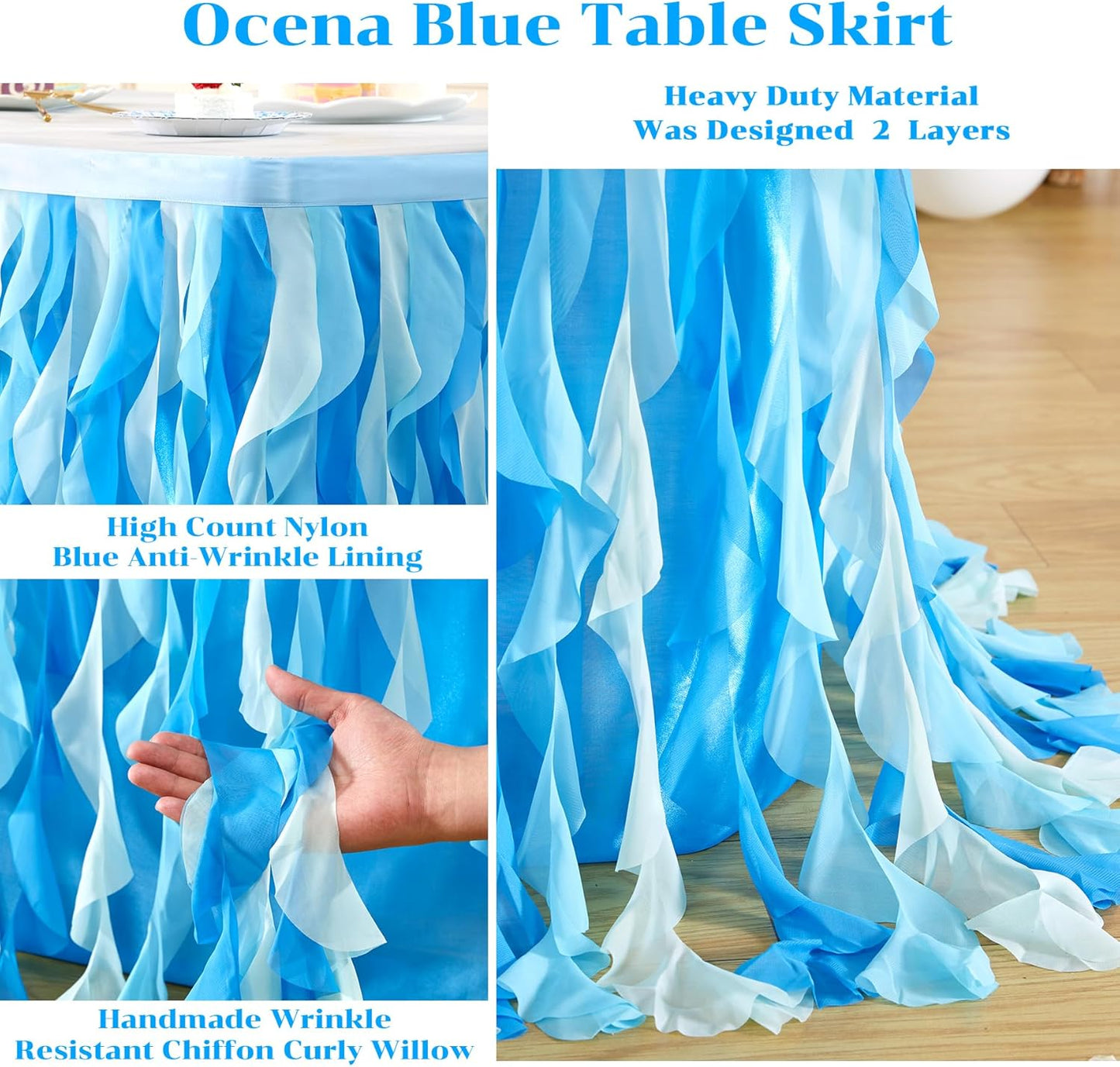 Partisky Ocean Blue Tulle Tutu Ruffle Curly Willow Table Skirt for Rectangle Table 14ft,Under The Sea Baby Shark Themed Table Cloth for Boys Girls Birthday Party or Baby Shower