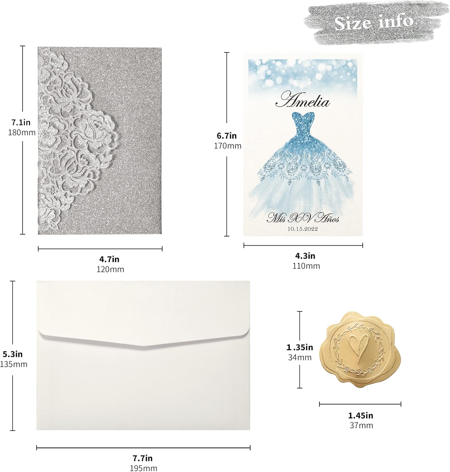 DORIS HOME 50pcs Laser Cut Quinceanera Invitations Silver Glitter, 4.7x7.1 Personalized Quince Invitations for 15th Birthday, Invitation cards for Sweet 16 with Envelopes